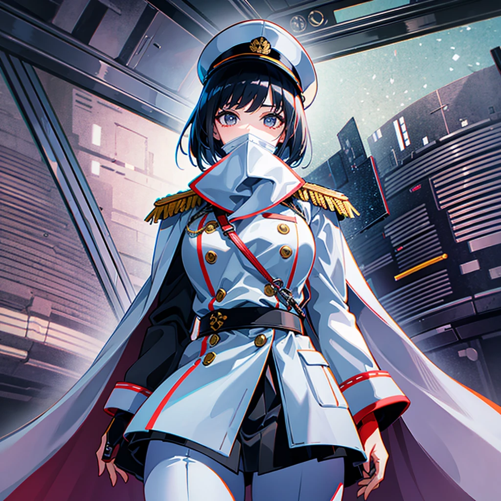(((masterpiece、Top image quality、top-quality、highly detailed unity 8kwall-paper)))、(Illustration of one woman)、30-years old、(Viceroy)、((Black hair bob cut))、(((Gas mask covering the mouth)))、(((Gas mask covering the mouth)))、Gray eyes、((Tall))、((huge tit))、((Military uniforms))、((Military Cap))、((Military coat))、(white clothes)、(White pants)、(White cap)、trench coat、(((Inside the spacecraft、Inside the bridge、The Universe on the Monitor)))