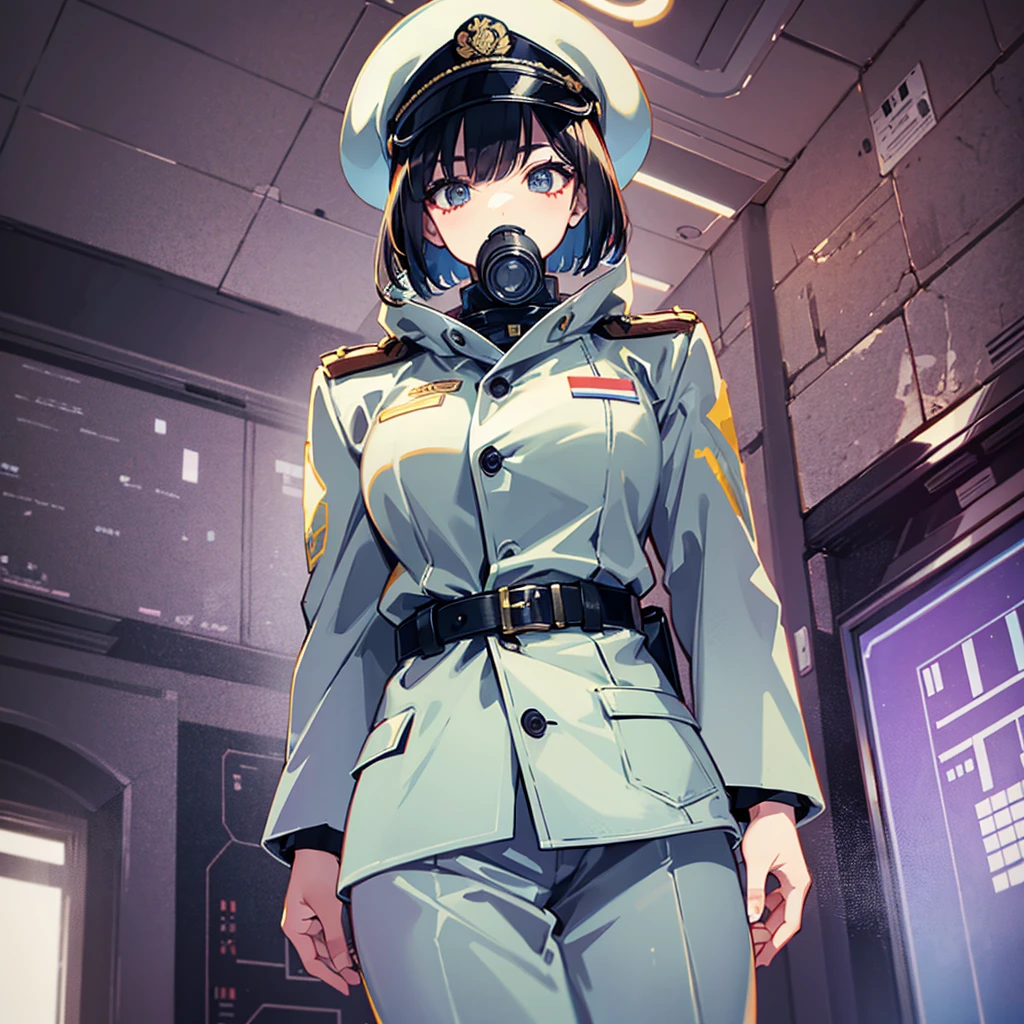 （（（​masterpiece、Top image quality、top-quality、highly detailed unity 8ｋwall-paper）））、（Illustration of one woman）、30-years old、（Viceroy）、（（Black hair bob cut））、（（（Gas mask covering the mouth）））、（（（Gas mask covering the mouth）））、Gray eyes、（（Tall））、（（huge tit））、（（Military uniforms））、（（Military Cap））、（（Military coat））、（white  clothes）、（White pants）、（White cap）、trench coat、（（（Inside the spacecraft、Inside the bridge、The Universe on the Monitor）））