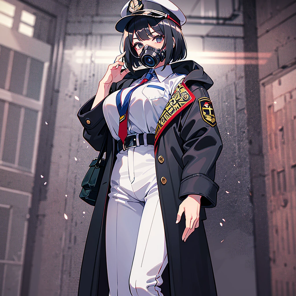 （（（​masterpiece、Top image quality、top-quality、highly detailed unity 8ｋwall-paper）））、（Illustration of one woman）、30-years old、（Viceroy）、（（Black hair bob cut））、（（（Gas mask covering the mouth）））、（（（Gas mask covering the mouth）））、Gray eyes、（（Tall））、（（huge tit））、（（Military uniforms））、（（Military Cap））、（（Military coat））、（white  clothes）、（White pants）、（White cap）、trench coat、（（（Inside the spacecraft、Inside the bridge、The Universe on the Monitor）））