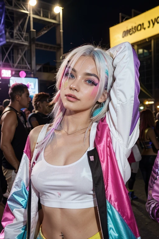 girl with colourful hair, rave girl, party girl, enjoying night out, flawless skin, inside, colourful clothes, festival clothes, white hair