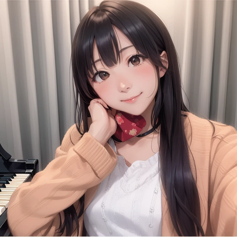 there is a woman that is posing for a picture in front of a piano, 奈良美智, chiho, harumi, sakimi chan, kimi takemura, ayamin kojima, deayami kojima, shinsui ito, shikamimi, narumi kakinouchi, kotegawa yui