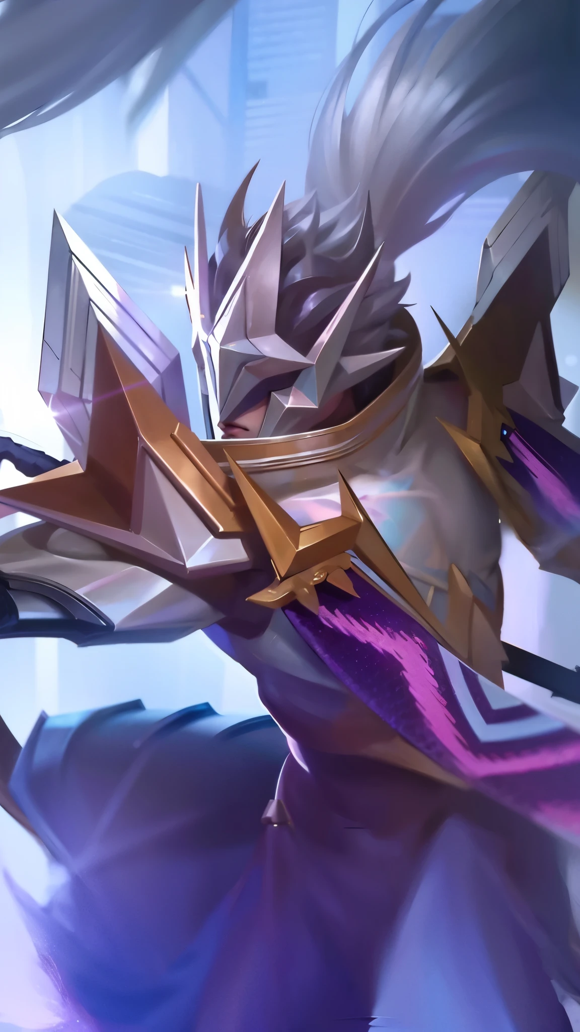 Best quality, masterpiece, detailed skin texture, detailed clothes texture, detailed face, super detail, 8k, intricate detail, 1 boy, The color doesn't change, Muscle guy, 1 guy, close-up of a person wearing a gold costume with a spear, inspired by Alpha Crimson Warrior, mobile legends splash art, fuchsia skin under armor, official splash art, shaco from mobile legends, mobile legends style, splash art, mobile legends splash art legend, iconic character splash art