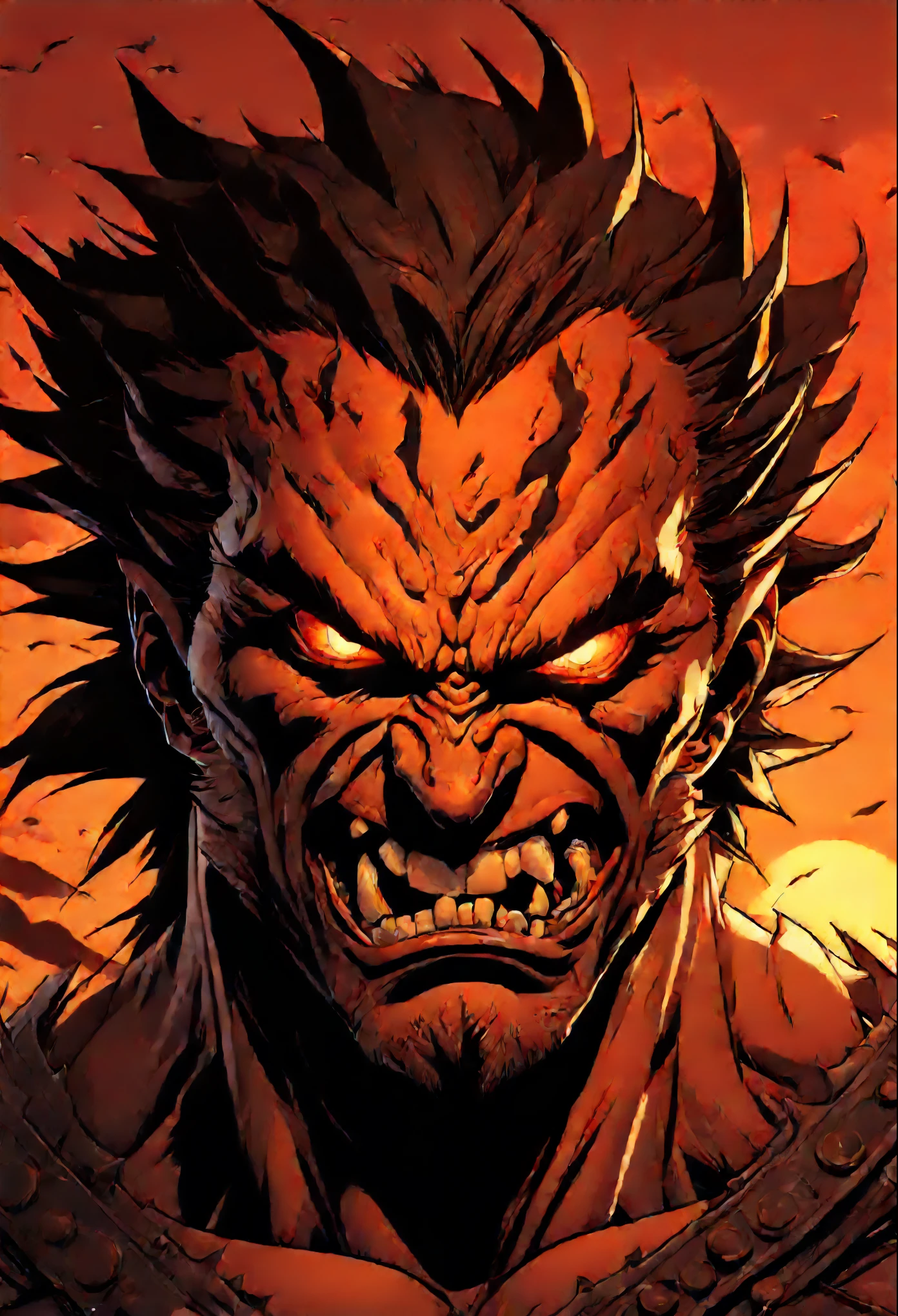 ((Close-up FACE_detailed)), COMIC-style,(best quality,4k,8k,highres,masterpiece:1.2),ultra-detailed,(realistic,photorealistic,photo-realistic:1.37),A warrior consumed by anger transforming into a beast with fangs of rage at sunset,messo tint art style,dark colors,harsh shadows,imposing figure,ripped clothing,savage expressions,fierce eyes,rage-filled face,sharp and menacing fangs,intense transformation,ominous atmosphere,stormy sky with fiery orange and red hues,haunting silhouette of trees in the background,intense sunlight casting long dramatic shadows,dynamic and energetic brushstrokes,high contrast,explosive energy of anger and fury,captivating and unsettling composition.