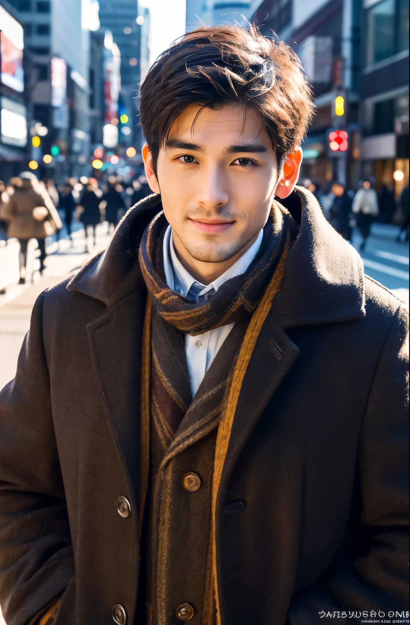 Photorealsitic, 8K full body poster, a handsome, japanes, a 25-year-old man, A charming expression, detailed face details, TOKYOcty, Winters, Shibuya in the background