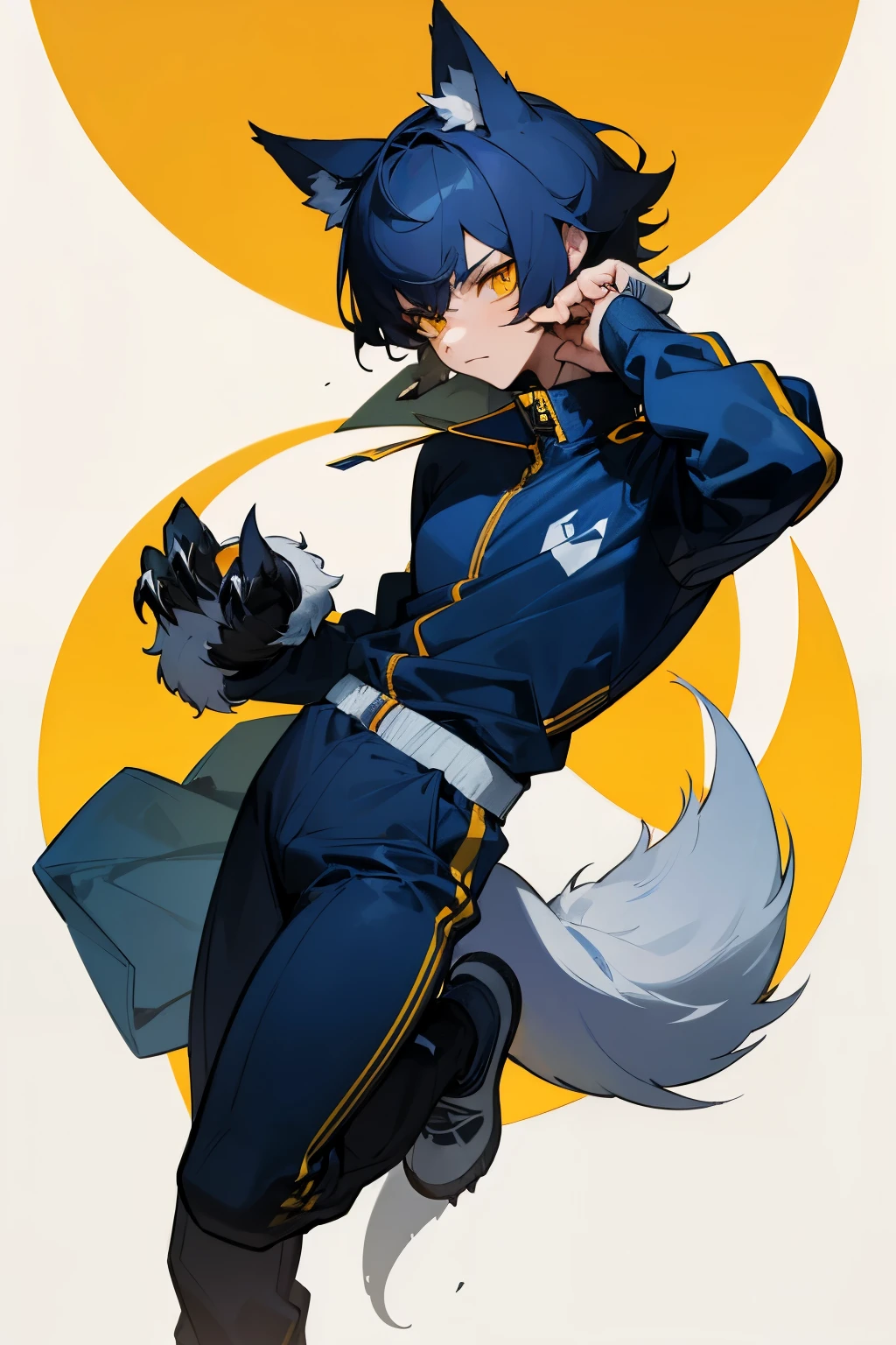 (masterpiece), best quality, full body art, boy, 18 years old, strong athletic body, dark blue short hair, yellow eyes, wolf ears, scar across the face, gray tracksuit, white fur collar, claws, wolf tail, sly expression
