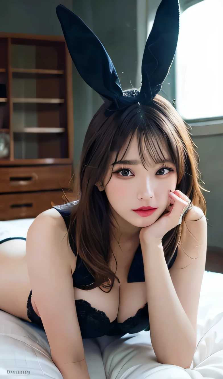 (RAW photo: 1.2), top quality, beautiful detailed girl, bunny girl, angry face, highly detailed eyes and face, beautiful detailed eyes, huge file size, high resolution, high resolution, 8k wallpaper, fine detail, highly detailed ticker uniform 8k wallpaper, light on face, movie lighting, girl, sexy pose, (photorealism: 1.4), illustration, Surrealism, from below, super detail, masterpiece, Playboy bunny, fishnet pantyhose, lying in bed