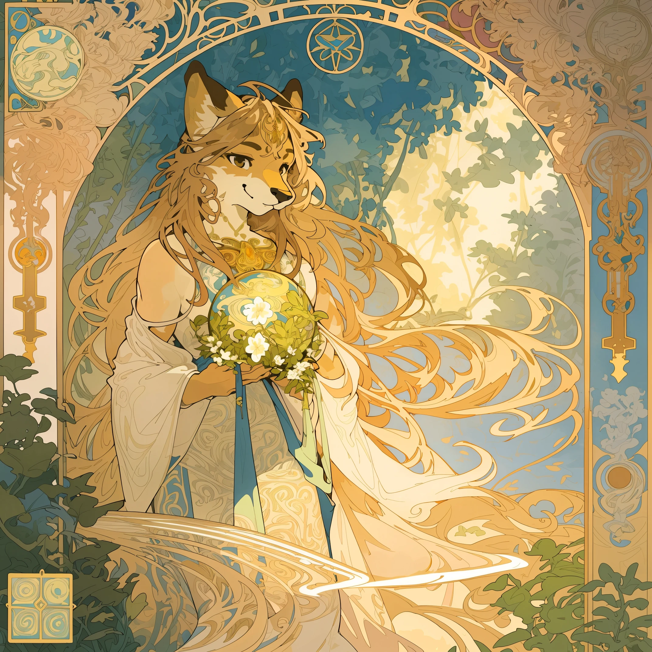 cover page, highres, top quality, best quality, paid reward available, unparalleled masterpiece, perfect artwork, absurdres, High-quality illustrations by Alphonse Mucha, art nouveau, Delicate and elegant linework, flowing hair, Flowing Dresses, Curvilinear lines, Decoration with plant motifs, Geometric decoration, Poetic atmosphere, Rich colors, Dreamy, mystical, Tarot Card(In the forest where the stream flows, Backlighting)perfect anatomy(Furry, Solo focus, Dress, Long Globe)(furry anthro:1.7)((8furry body, Facial features of animals, Features of the animal's body)))All over body, Archaic Smile (portrait),