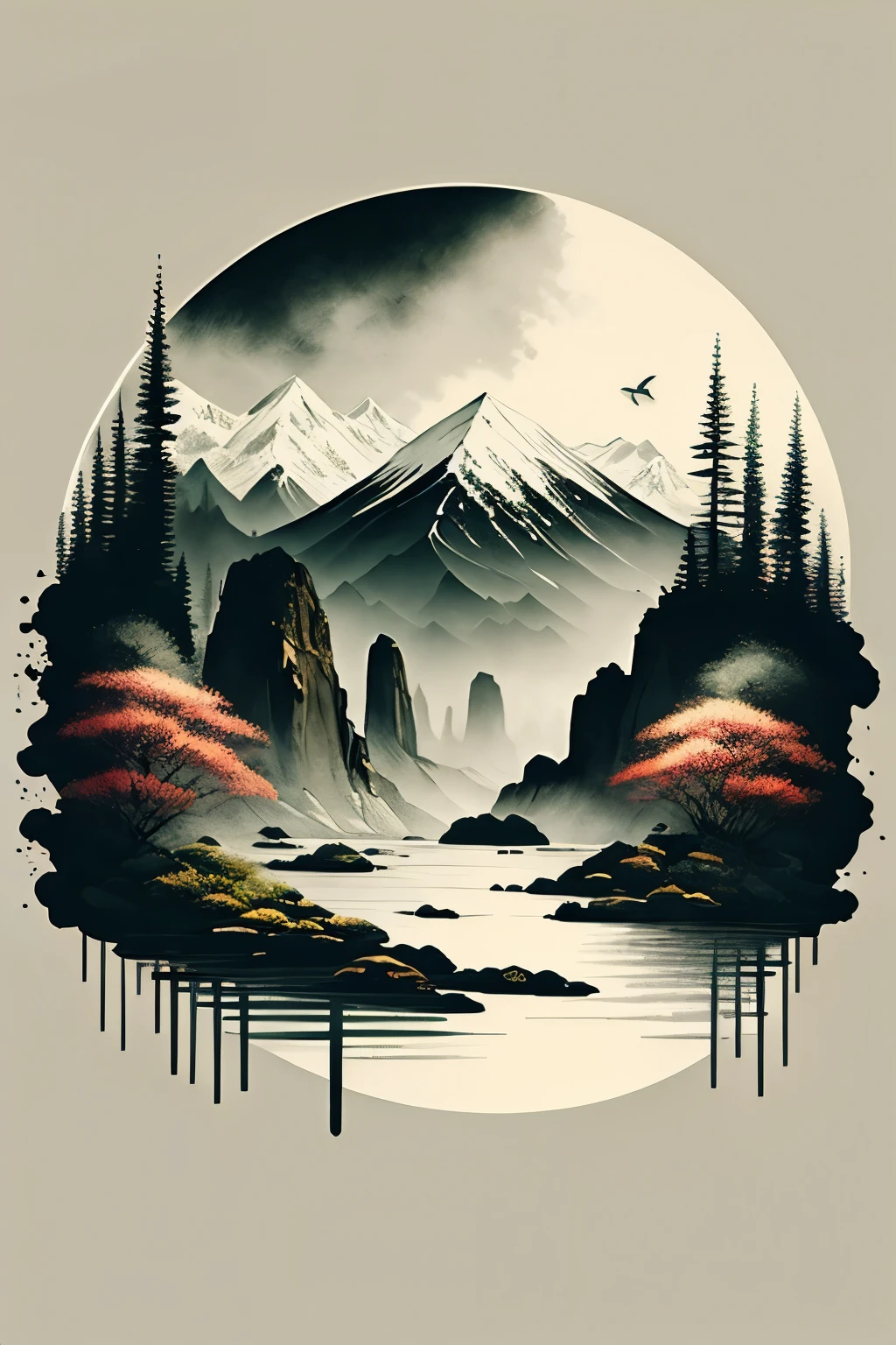 "A masterpiece of ink painting with a serene white background showing a breathtaking landscape of majestic mountains, untouched water, and lush trees."