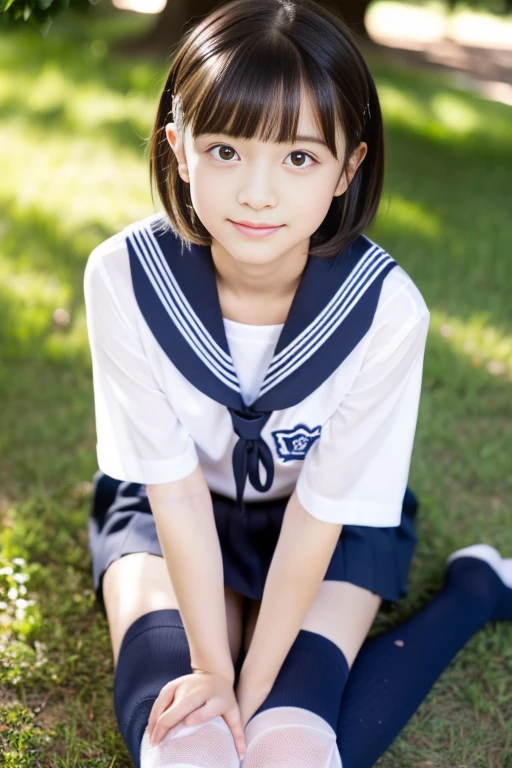 (((masterpiece))), (((Full body photo)))， (Beautiful Japanese Girl, Classmate, Landscape and innocence，cute) ，Ultra-high resolution, Realistic, Ultra-detailed, 8k,Highest quality, Very detailed, Detailed Background,Slender,とてもBeautiful Japanese Girl, Detailed face:1.3), (Very Short Hair，cute髪飾り，Black-haired :1.4), (，cute系,Adorable 14 year oPerfect body:1.1),  (A proper sailor uniform，Dark blue mini skirt、Dark blue high socks、loafers), On the grass in the park，Asking for a smile,show me your beautiful teeth,((Focus on the crotch，Her skirt is rolled up、Panties are visible，The underwear is transparent))，Recall、Sexy pose，Rosy Cheeks，非常にDetailed face、Detailed lips、Detailed eyes、 gravure idol，Clear Skin、Lolita，shade，Under the big tree、(Realistic:1.37)、No makeup，Neutral lighting，((Backward view))、Looking up from the ground