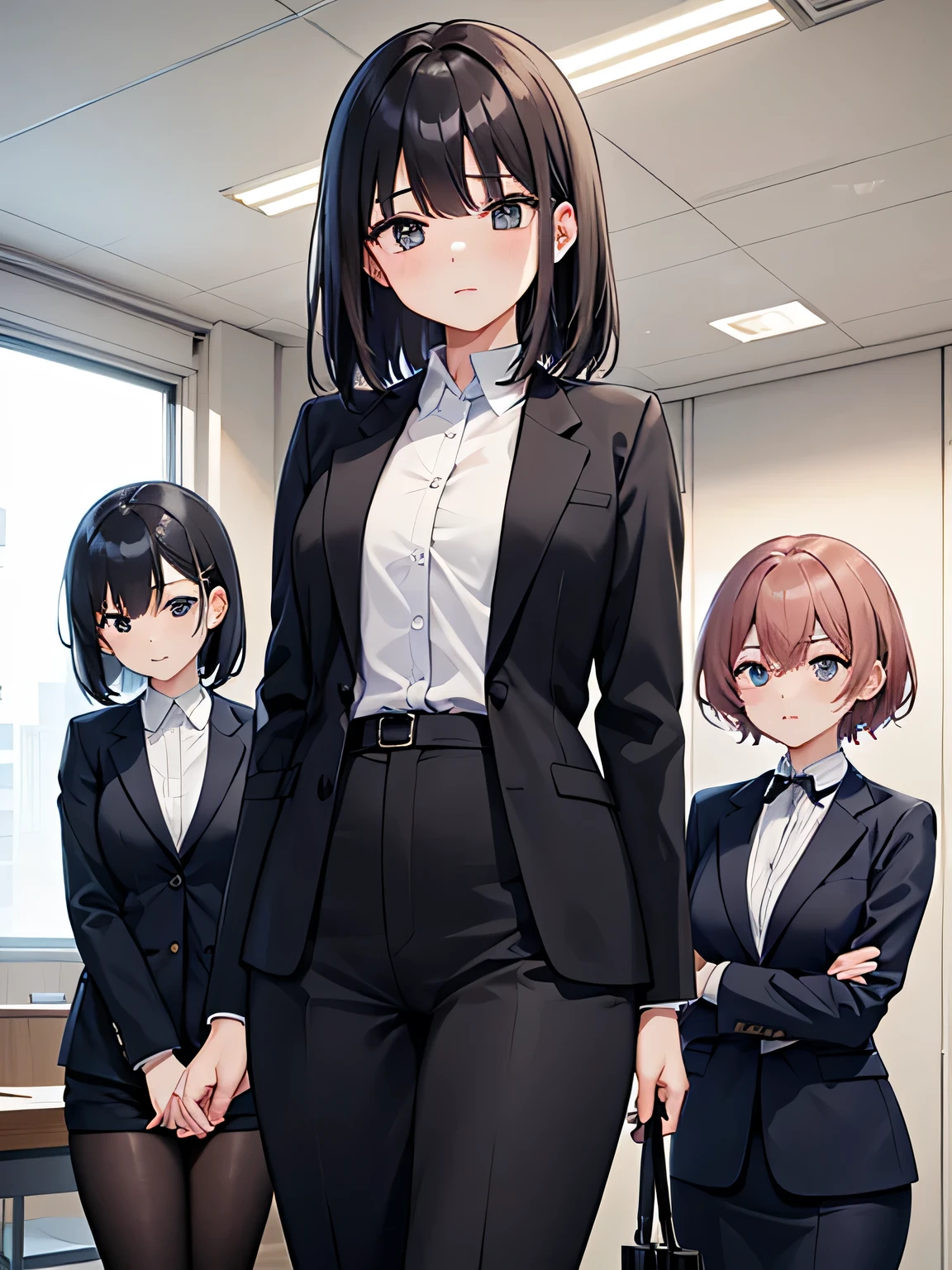 A man is surrounded by three office ladies.。One of the three women is a male senior.、One is a male colleague、One is a male junior.。The man is wearing a suit and looks nervous..。The location is the office。