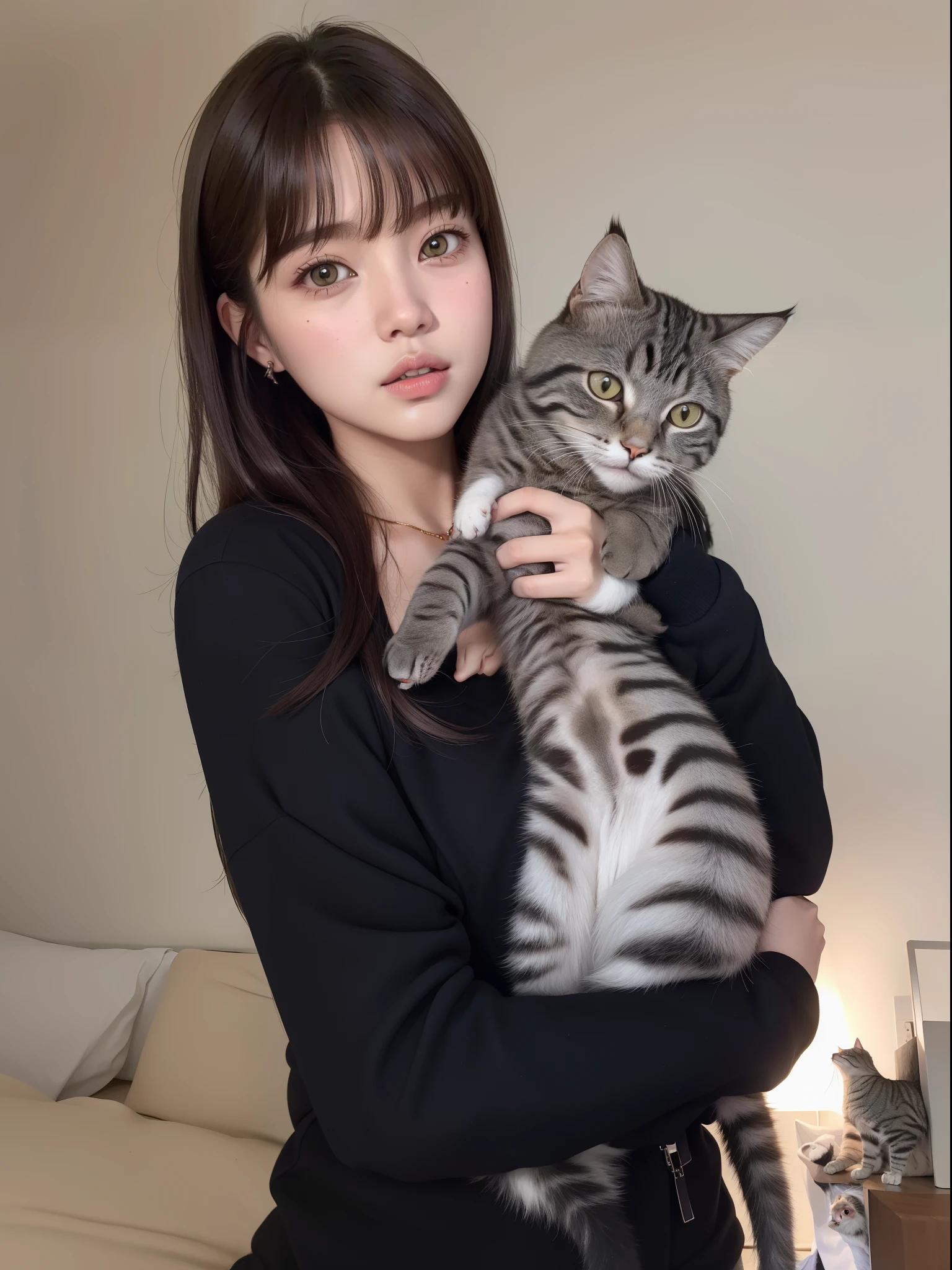 Mujer araffe sosteniendo un gato en sus brazos en un dormitorio., muy hermosa linda catgirl, Atractiva chica gato, Grandes mejillas sosteniendo a su gato, Lalisa Manobal, Emo girl and her cat, ulzzang, Lalisa Manoban de Blackpink, con gatos de su lado, She is holding a cat in her arms