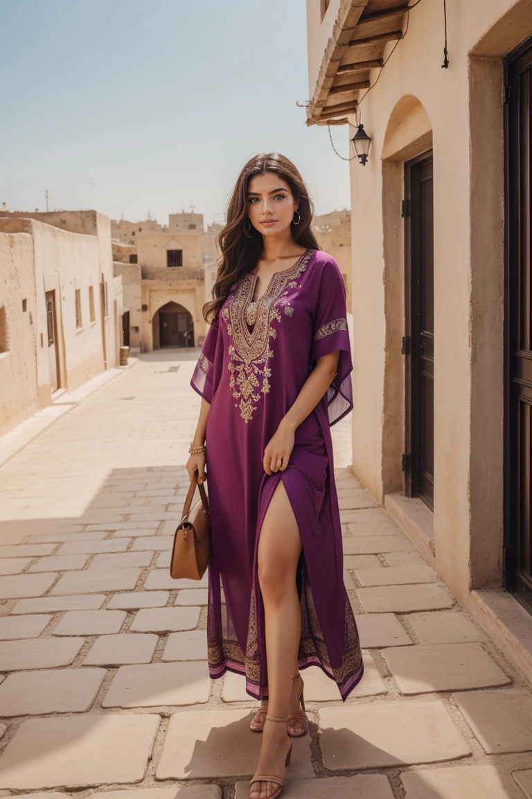 Instagram-Models posieren in Fes, in kaftan, full entire body, beautiful detailed eyes, beautifully detailed lips, extremely detailed eyes and face, kurzes, welliges rosa Haar ((best qulaity)), ((Meisterwerk)), (detailliert), perfektes Gesicht, full entire body