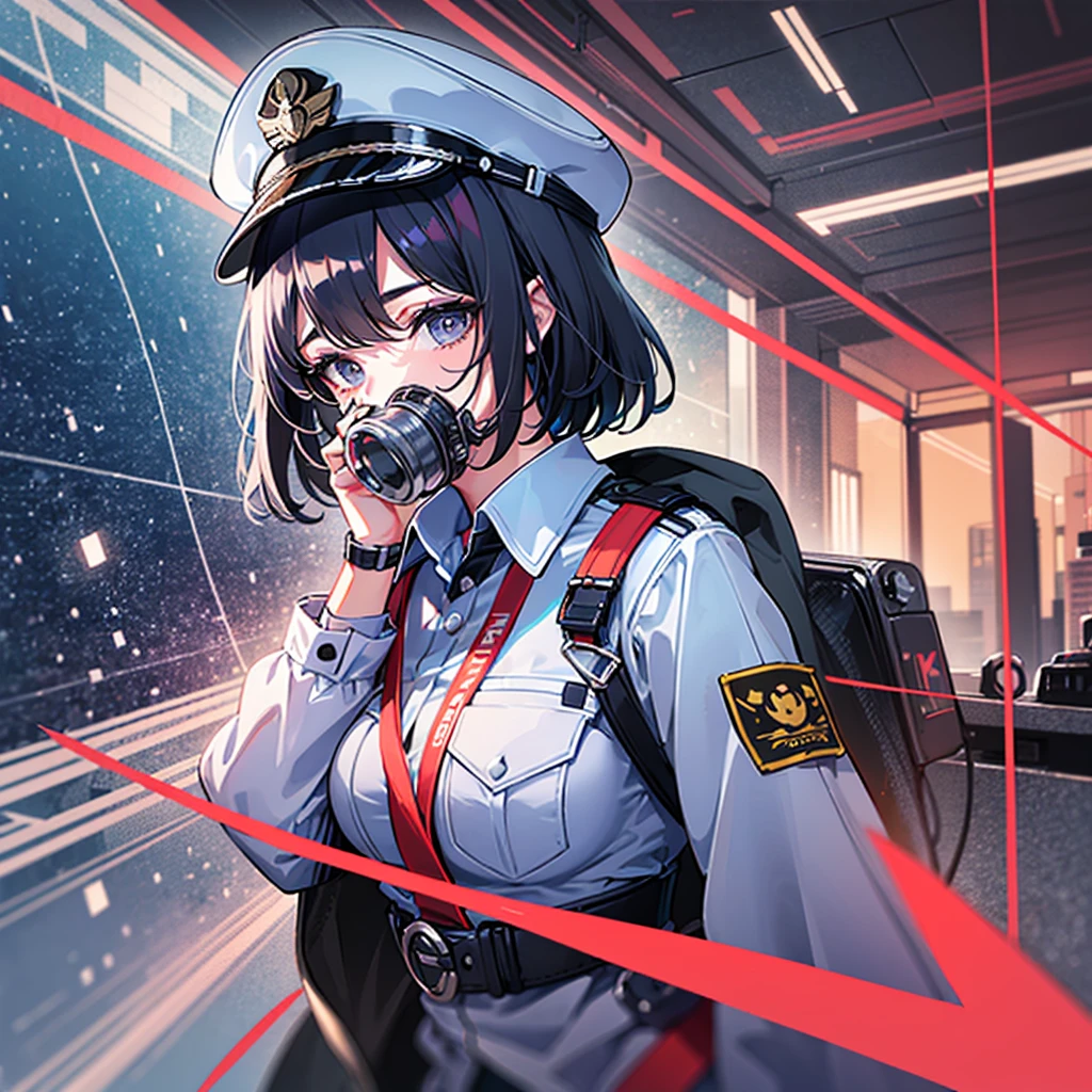 (((masterpiece、Top image quality、top-quality、highly detailed unity 8kwall-paper)))、(Illustration of one woman)、30-years old、(Viceroy)、((Black hair bob cut))、(((Gas mask covering the mouth)))、(((Gas mask covering the mouth)))、Gray eyes、((Tall))、((huge tit))、((Military uniforms))、((Military Cap))、((Military coat))、(white clothes)、(White pants)、(White cap)、trench coat、(((Inside the spacecraft、Inside the bridge、The Universe on the Monitor)))