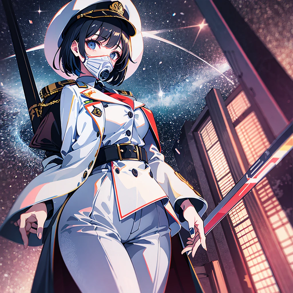 （（（​masterpiece、Top image quality、top-quality、highly detailed unity 8ｋwall-paper）））、（Illustration of one woman）、30-years old、（Viceroy）、（（Black hair bob cut））、（（（Gas mask covering the mouth）））、（（（Gas mask covering the mouth）））、Gray eyes、（（Tall））、（（huge tit））、（（Military uniforms））、（（Military Cap））、（（Military coat））、（white  clothes）、（White pants）、（White cap）、trench coat、（（（Inside the spacecraft、Inside the bridge、The Universe on the Monitor）））