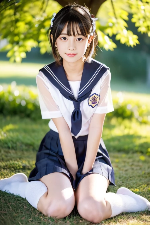 (((masterpiece))), (((Full body photo))), (One beautiful Japan girl, classmates, landscape and innocence,kawaii) ,超A high resolution, Realistic, ultra-detailliert, 8K,top-quality, Extremely detailed, Detailed background,A slender,very beautiful japanese girl, Detailed face:1.3), (Bery short hair,A dark-haired :1.4), (a baby face,kawaii系,adorable 14 year old girl), (Perfect body:1.1), (Neat sailor suit,Dark blue mini skirt、Dark blue high socks、lowfers), Sitting on the lawn in the park,relaxed expression,,Please show me your beautiful teeth,Focus on the crotch,The skirt is flipped up and you can see the panty shots,Underwear is sheer,rosy cheeks,Super Detailed Face、Detailed lips、A detailed eye、small gravure idol,Transparent skin、Lori,japanese hight school uniform,Shade,Under a big tree,电影灯光