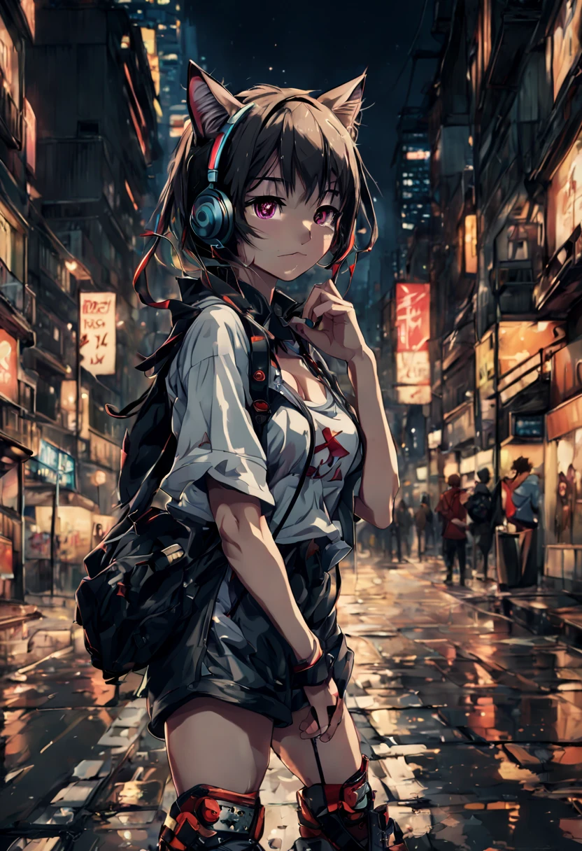 Dunkler Anime, Cat-Eared Girl, beauty, Meisterwerk, 4K, Nacht, Big City, Streetwear, Headphones