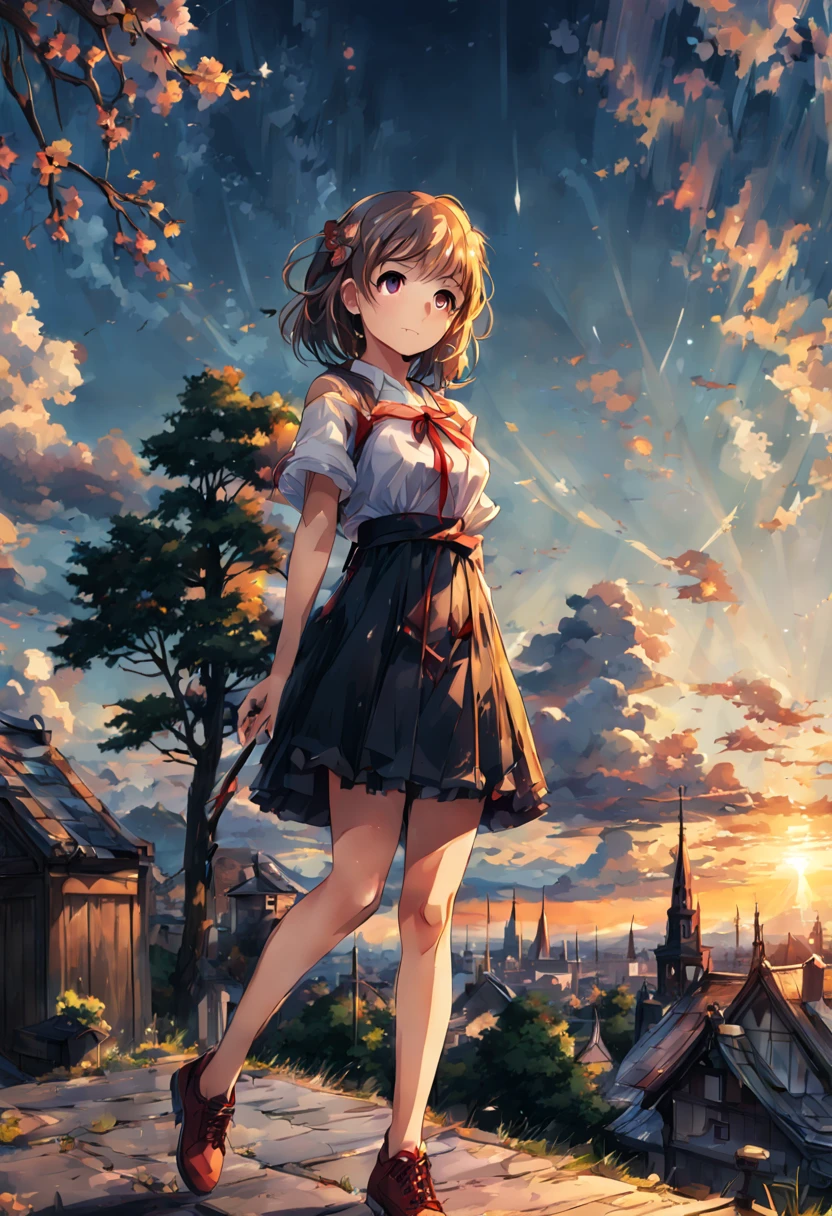 anime girls, Sonnenaufgang, outside, Sterne, Wolken, ziemlich, Mond, Fuji, Skyline der Stadt, Natur, Kirche
