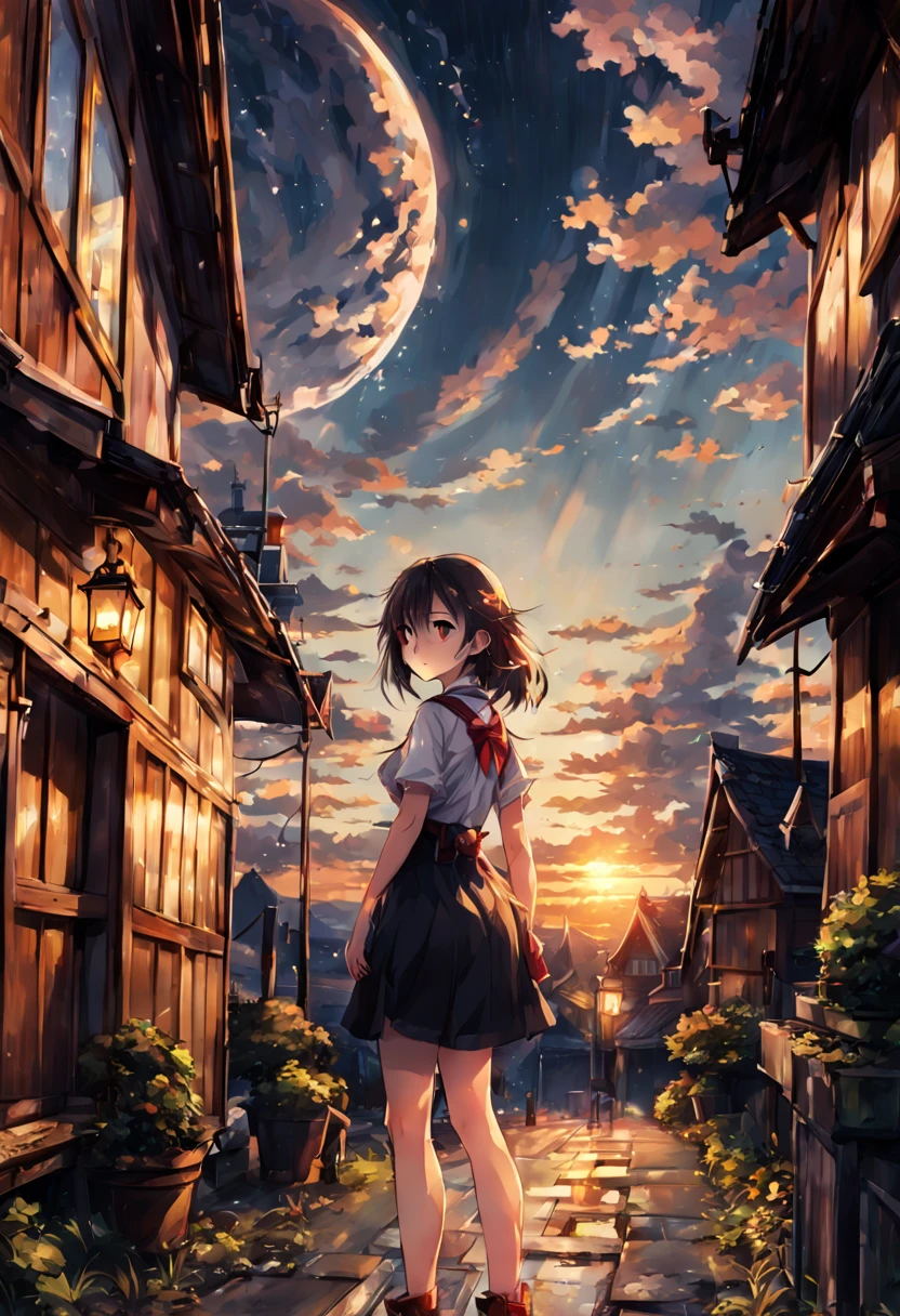 anime girls, Sonnenaufgang, outside, Sterne, Wolken, ziemlich, Mond, Fuji, Skyline der Stadt, Natur, Kirche