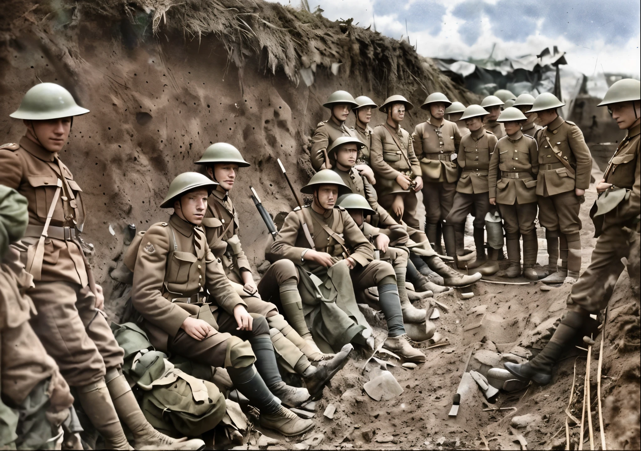 soldiers in uniforms are sitting on the side of a hill, colourised, ww1 photo, in trenches, ww1 trench, colourized, world war one, ww1 film photo, trenches, first world war, wwi, ww 1, ww1, world war 1, colorized, colorized photograph, taken on a ww 1 camera, coloured photo