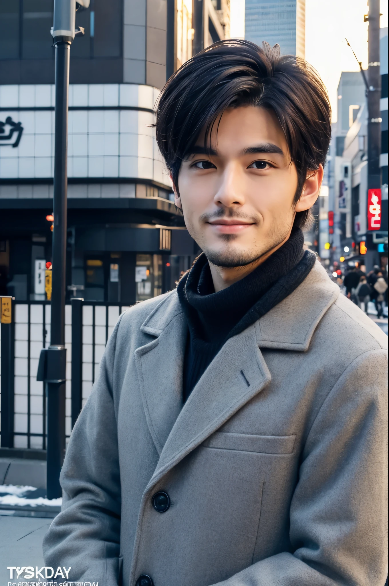 Photorealsitic, 8K full body poster, a handsome, japanes, a 25-year-old man, A charming expression, detailed face details, TOKYOcty, Winters, Shibuya in the background