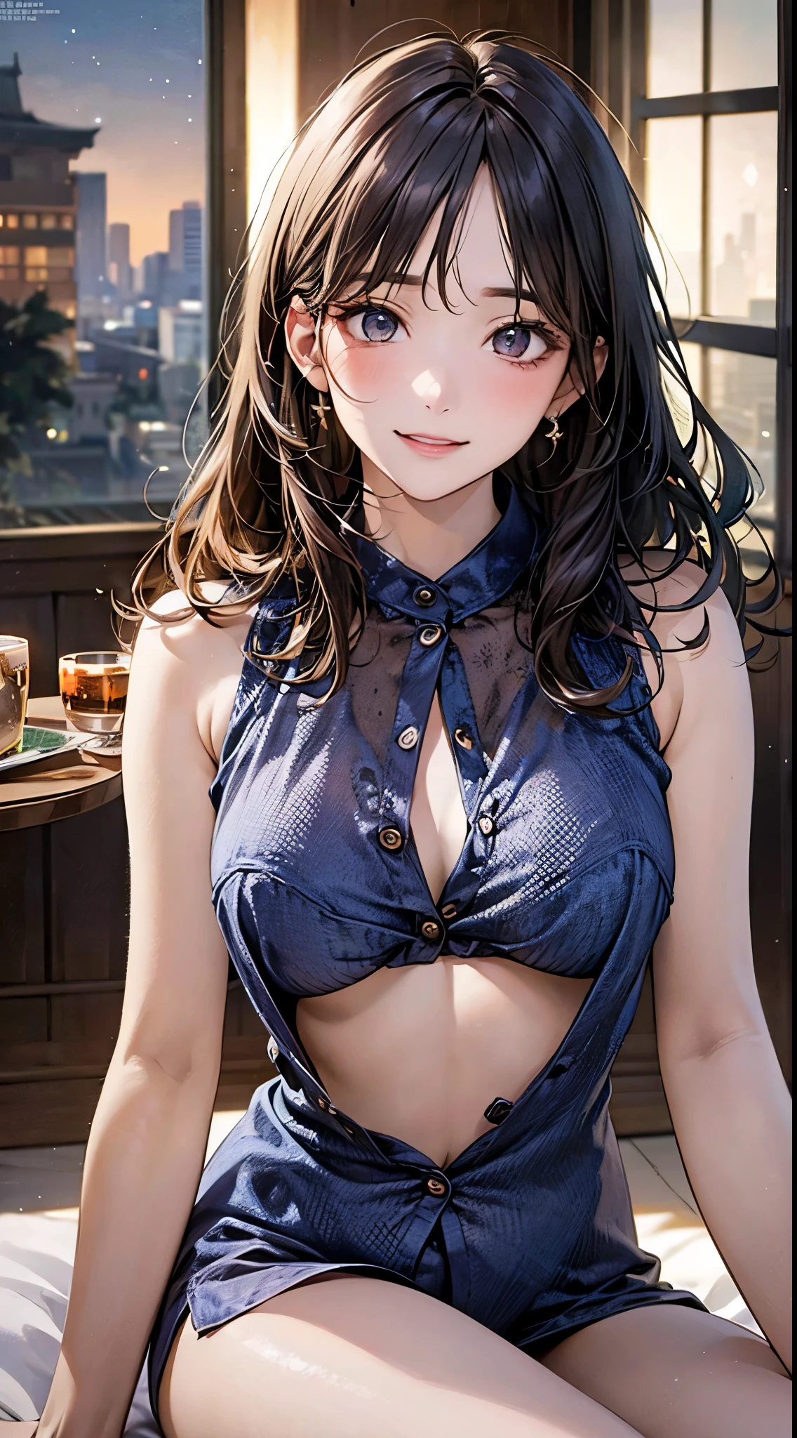((perfect anatomy, anatomically correct, super detailed skin)), 1 girl, japanese, 16 years old, (detailed ultra-oily shiny skin:1.1), watching the view, adorable smiling,
beautiful hair, beautiful face, beautiful detailed eyes, (middle hair:1.4, messy hair:1.2), parted bangs, babyface,
beautiful clavicle, beautiful body, beautiful breasts, (large breasts:0.8), beautiful thigh, beautiful legs,
((pajamas)),
(beautiful scenery), living room, table, sitting cushion,
(8k, top-quality, masterpiece:1.2, extremely detailed), (photorealistic), beautiful art, visual art, depth of fields, cinematic lighting, ,