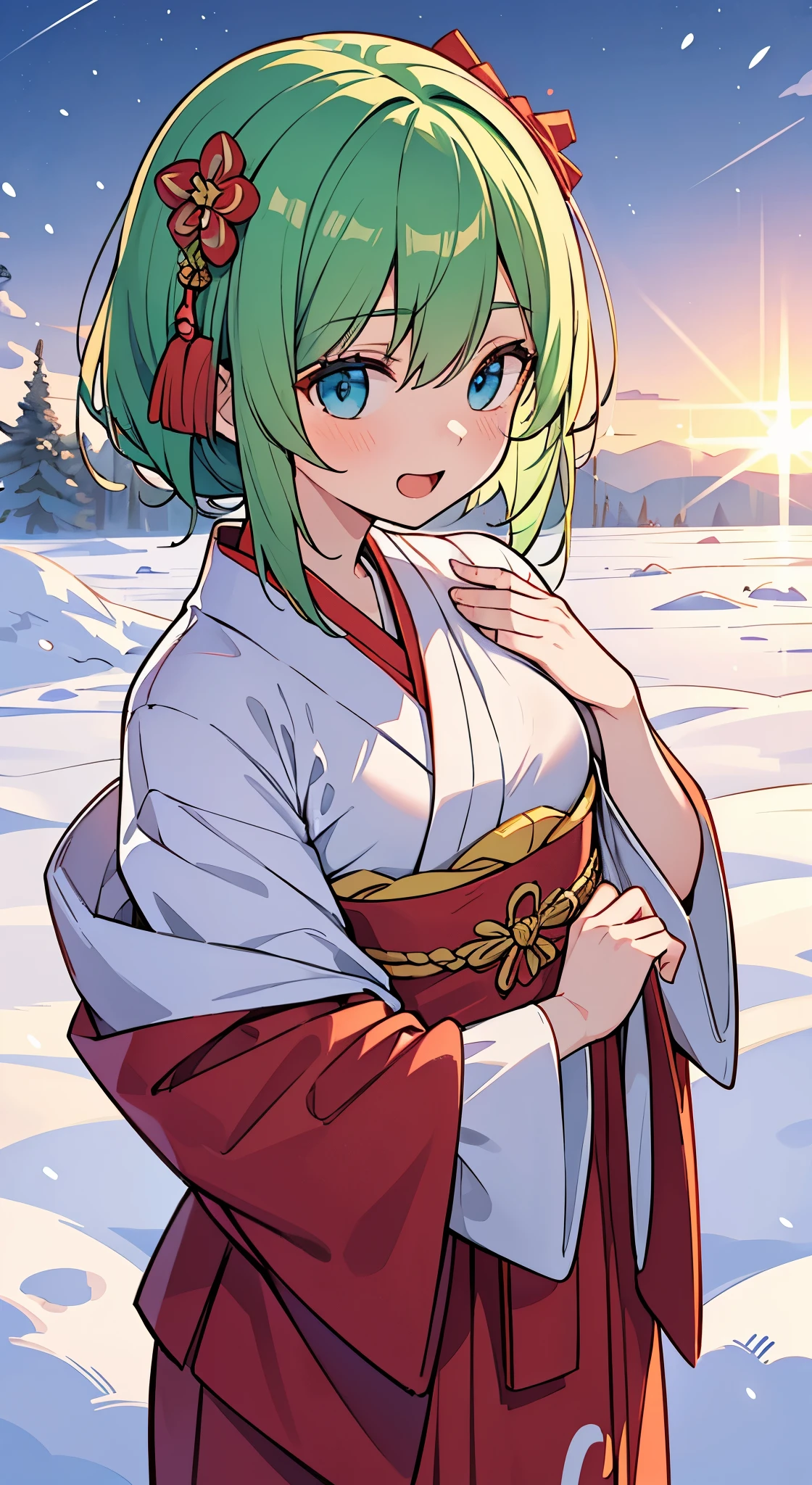 ((A traditional shrine maiden with green hair and blue eyes)), Loli face, ((master piece, top-quality, ultra-definition, high resolution)), anime girl, ((ultra-detailed illust:1.2)), only one person, bangs, hair between eye, beautiful hair, Beautiful eyes, Medium breasts, Big smile, opened mouth, snowy outside