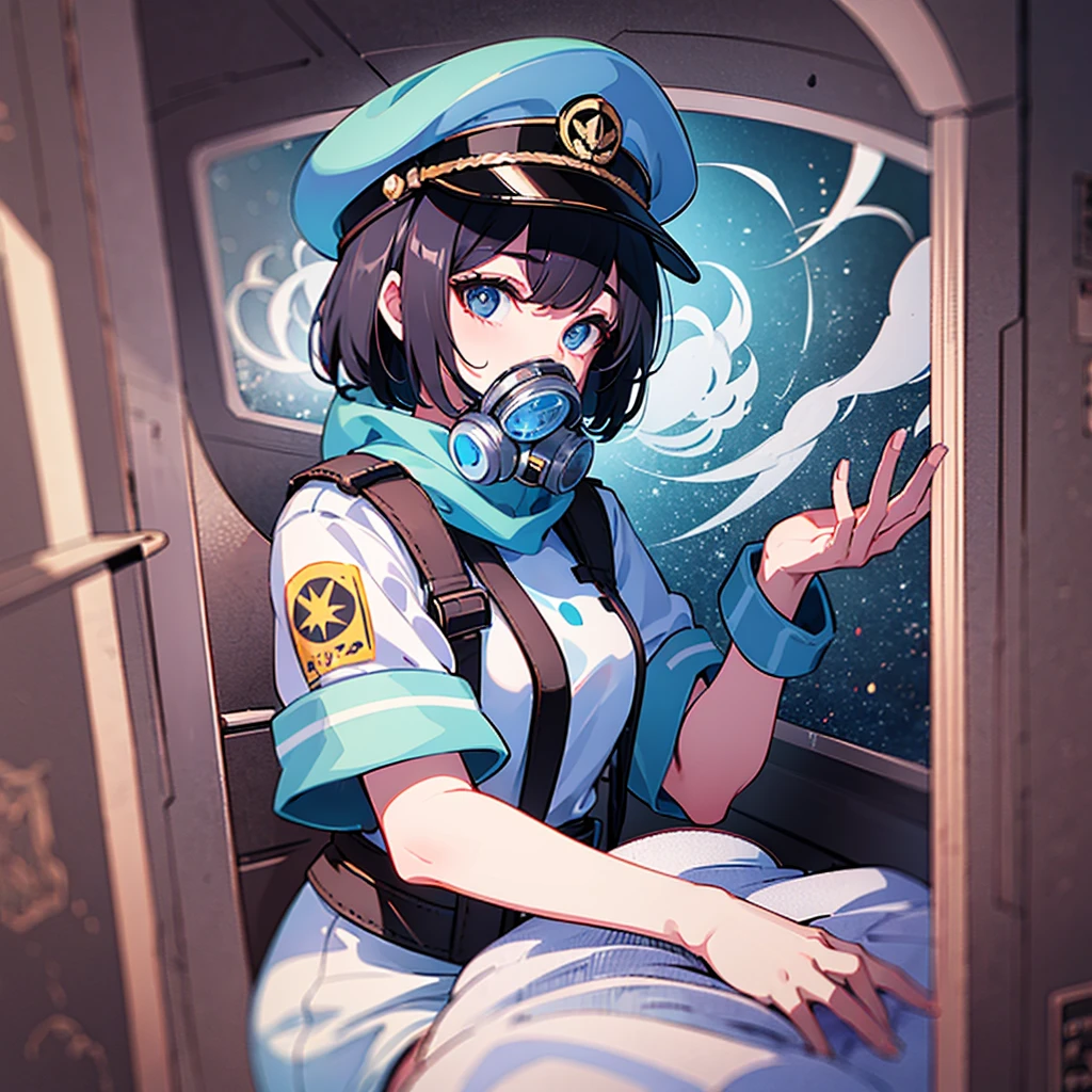 (((masterpiece、Top image quality、top-quality、highly detailed unity 8kwall-paper)))、(Illustration of one woman)、30-years old、(Viceroy)、((Black hair bob cut))、(((Gas mask covering the mouth)))、(((Gas mask covering the mouth)))、Gray eyes、((Tall))、((huge tit))、((Military uniforms))、((Military Cap))、((Military coat))、(white clothes)、(White pants)、(White cap)、trench coat、(((Inside the spacecraft、Inside the bridge、The Universe on the Monitor)))