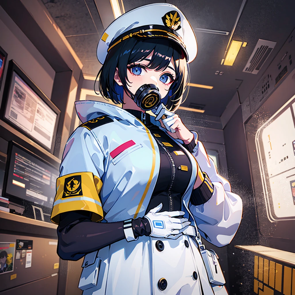 (((masterpiece、Top image quality、top-quality、highly detailed unity 8kwall-paper)))、(Illustration of one woman)、30-years old、(Viceroy)、((Black hair bob cut))、(((Gas mask covering the mouth)))、(((Gas mask covering the mouth)))、Gray eyes、((Tall))、((huge tit))、((Military uniforms))、((Military Cap))、((Military coat))、(white clothes)、(White pants)、(White cap)、trench coat、(((Inside the spacecraft、Inside the bridge、The Universe on the Monitor)))