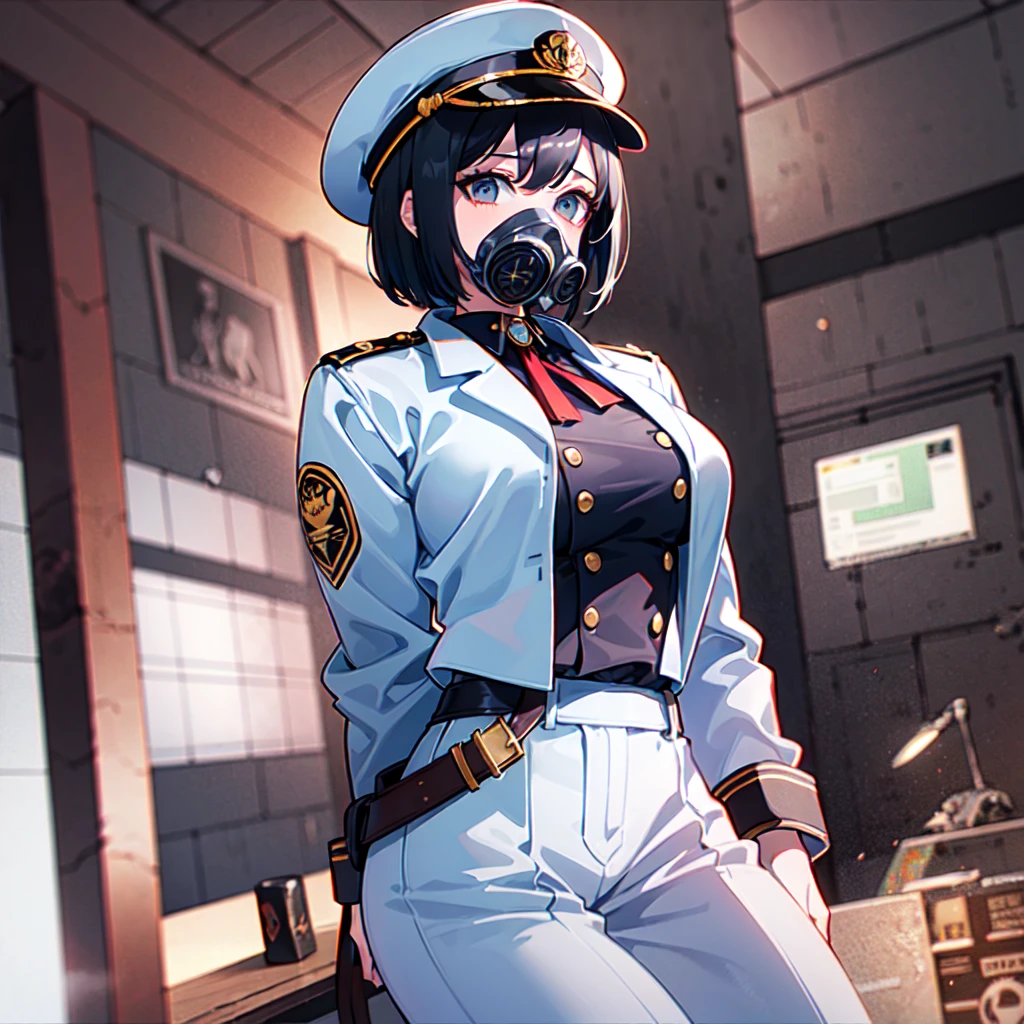 (((masterpiece、Top image quality、top-quality、highly detailed unity 8kwall-paper)))、(Illustration of one woman)、30-years old、(Viceroy)、((Black hair bob cut))、(((Gas mask covering the mouth)))、(((Gas mask covering the mouth)))、Gray eyes、((Tall))、((huge tit))、((Military uniforms))、((Military Cap))、((Military coat))、(white clothes)、(White pants)、(White cap)、trench coat、(((Inside the spacecraft、Inside the bridge、The Universe on the Monitor)))