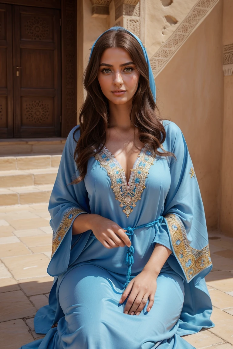 Instagram-Models posieren in Fes, in traditional kaftan, full entire body, beautiful detailed eyes, beautifully detailed lips, extremely detailed eyes and face, kurzes, welliges rosa Haar ((best qulaity)), ((Meisterwerk)), (detailliert), perfektes Gesicht, full entire body