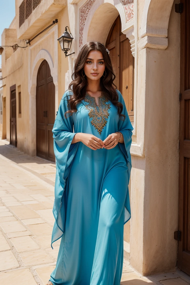 Instagram-Models posieren in Fes, in traditional kaftan, full entire body, beautiful detailed eyes, beautifully detailed lips, extremely detailed eyes and face, kurzes, welliges rosa Haar ((best qulaity)), ((Meisterwerk)), (detailliert), perfektes Gesicht, full entire body