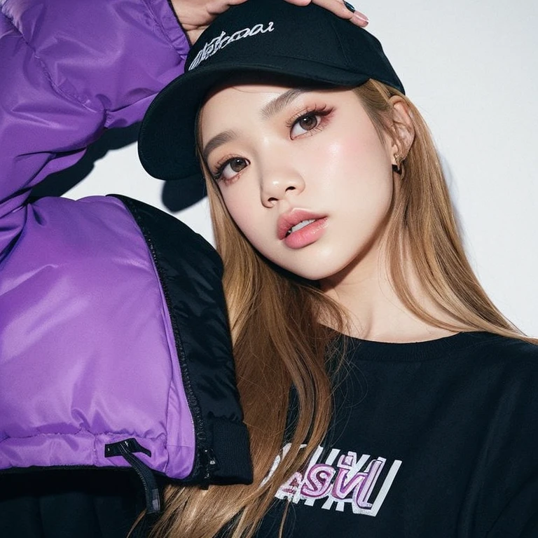 A closeup of a person wearing a hat and a jacket, jossi do blackpink, portrait of jossi do blackpink, Parque Roseanne do Blackpink, jennie blackpink, TaeJune Kim, Parque Ji-min, mulher no streetwear, Jinyoung Canela, Retrato Jisoo Blackpink, she is wearing streetwear, jisoo do blackpink, wearing a purple cap, Lalisa Manoban do Blackpink