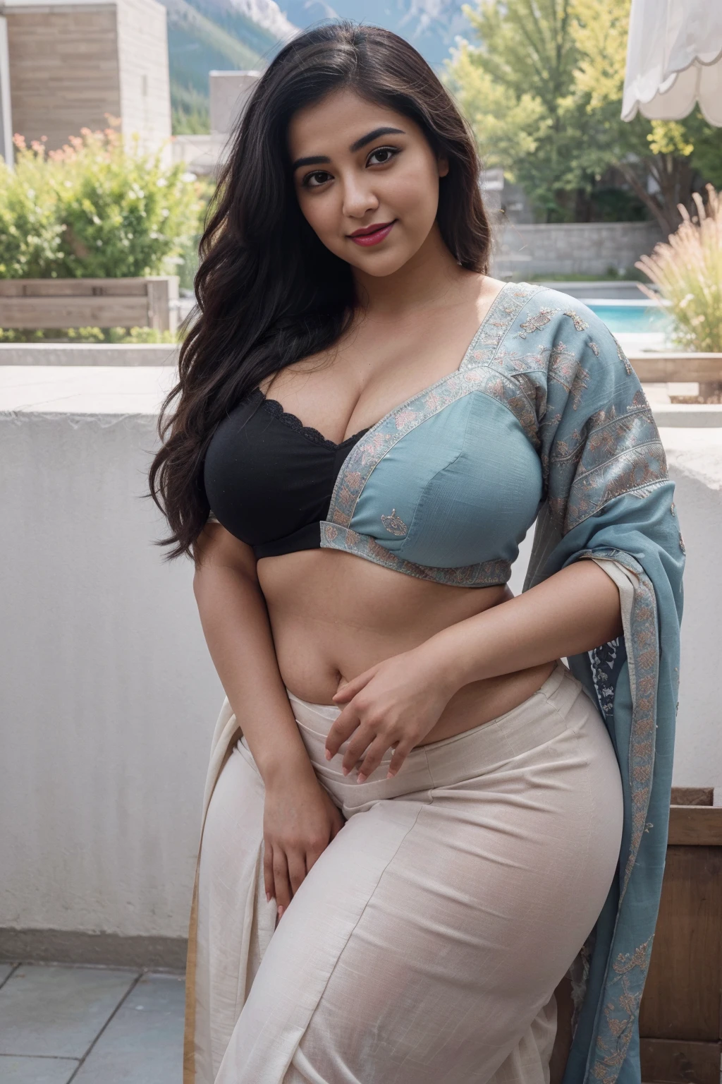 Shalini Pandey 28 years old beautiful different cute Indian face Indian girl, big bulky m-cup breast, curvy plus size body figure, Bird Motifs Embroidery different colorful t-shirt, different colorful Bird Motifs Wearing a Banarasi saree politely, different hairstyle, bright eyes, thin eyebrows, fair skin, blushing cheeks, head to thigh close up view, smiling face, ultra realistic skin texture, Straight front view standing, beautiful different Modern Spa or Wellness Center background, ultra realistic, close up head to thigh view, black hair, Provocative eye Contact, glossy lipstick, attractive eye contract face, big bulky breast, lighting shadows effect