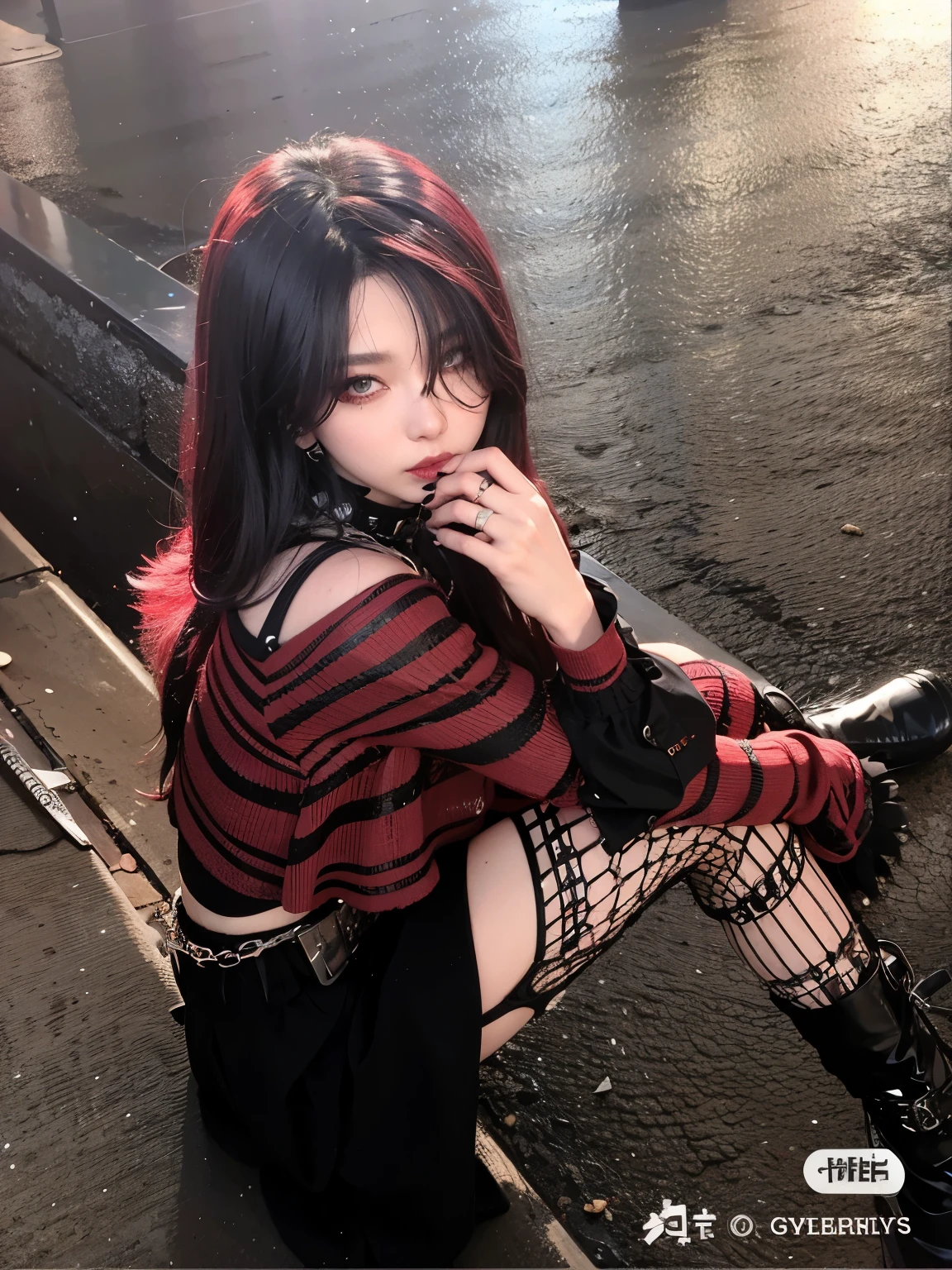 araffe woman in a red and black outfit sitting on a curb, cruel korean goth girl, goth girl aesthetic, goth aesthetic, goth punk clothes, 1 7 - - old me goth girl, gothic horror vibes, 1 7 - year - goth gi gloomy style, darkwave goth aesthetic, goth girl, gothic clothes, e - girl