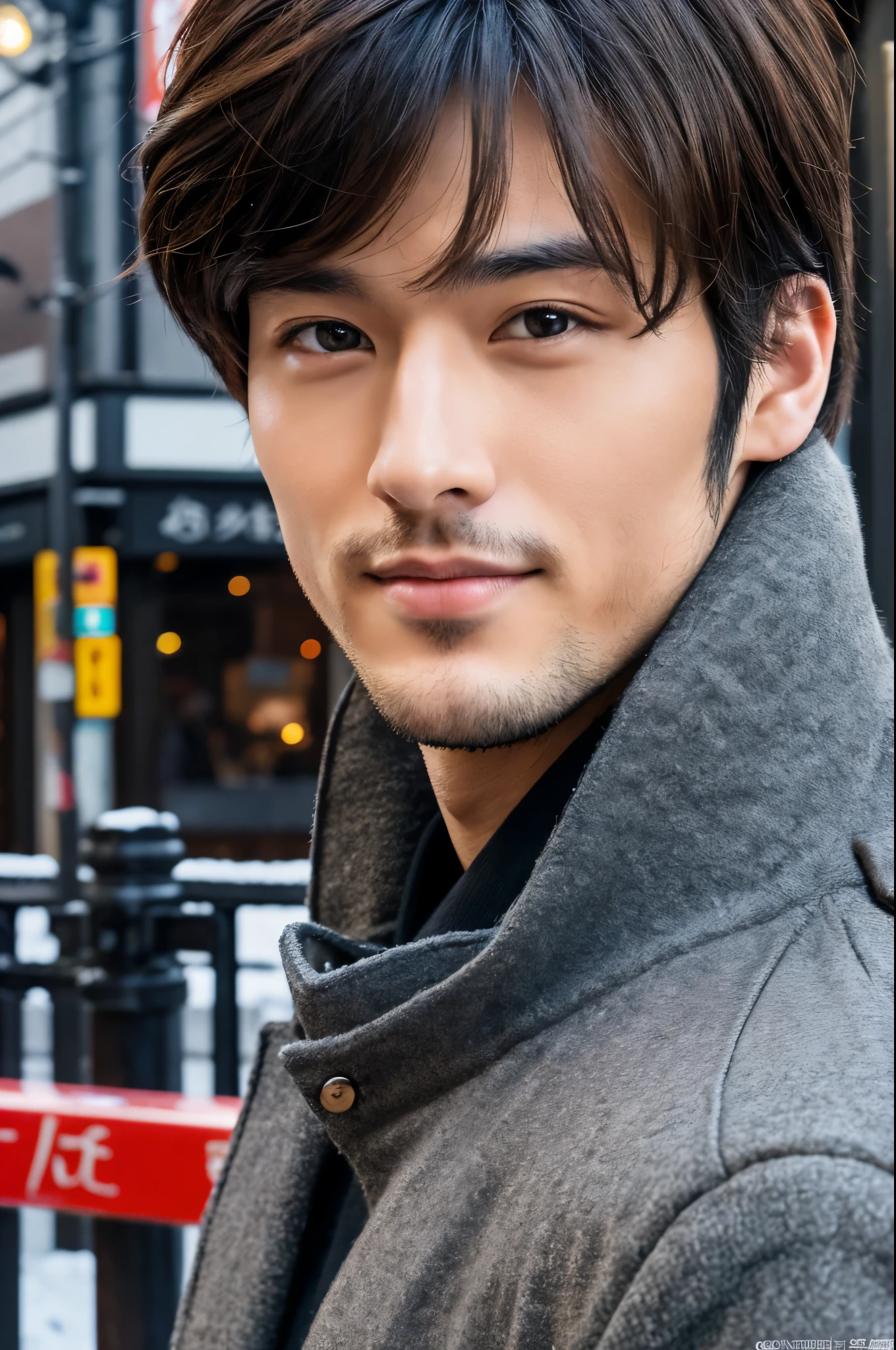 Photorealsitic, 8K full body poster, a handsome, japanes, a 25-year-old man, A charming expression, detailed face details, TOKYOcty, Winters, Shibuya in the background