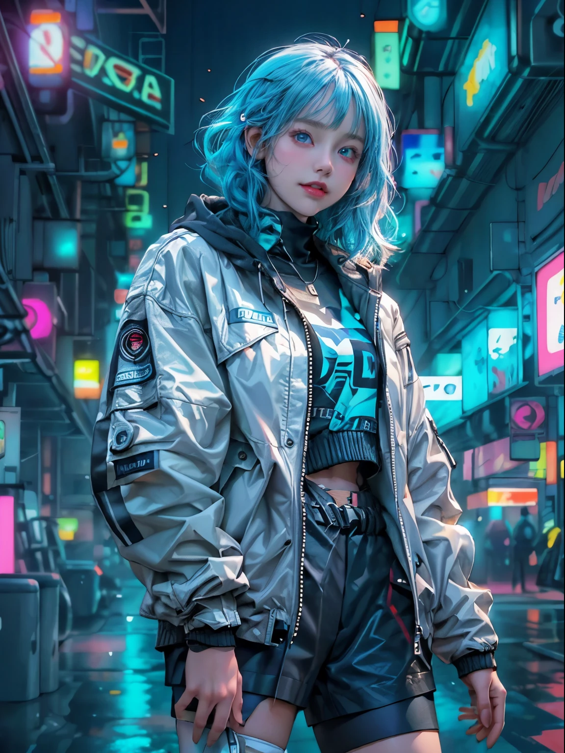 (RAW photo, best quality, high quality, highres), (realistic, photo-realistic), ultra-detailed, (front lighting), physically-based rendering, real life, 1girl, 20 years old, (((looking at viewer))), (highly detailed skin:1.3), (cute smile with dimple, cleft chin), head tilt, (blue hair), (blue eyes), very very long longest hoodie, (tactical cyberpunk jacket, blue and white jacket:1.2, black short cargo pants), white sport shoe, black thighhighs, detailed eyes, air bangs, sunset, futuristic cyberpunk city, (neon lights), standing pose, wide open legs, NSFW