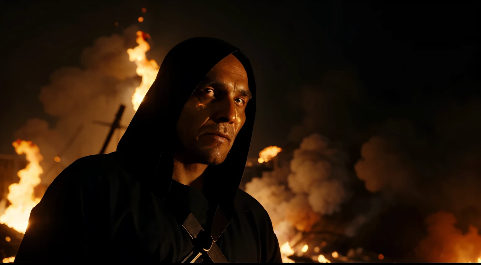 Azrael the angel of death facing the camera, blind eyes, deformed face, fire in the background