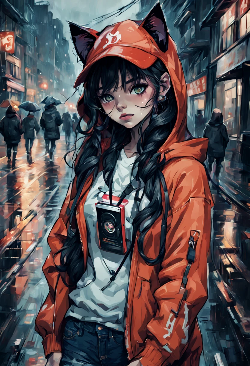 cat girl, headphones, streetwear, stylish, cool looking, Hoodie, Cap, long hair, smartphone, night, rainy, stormy, holding the hat,