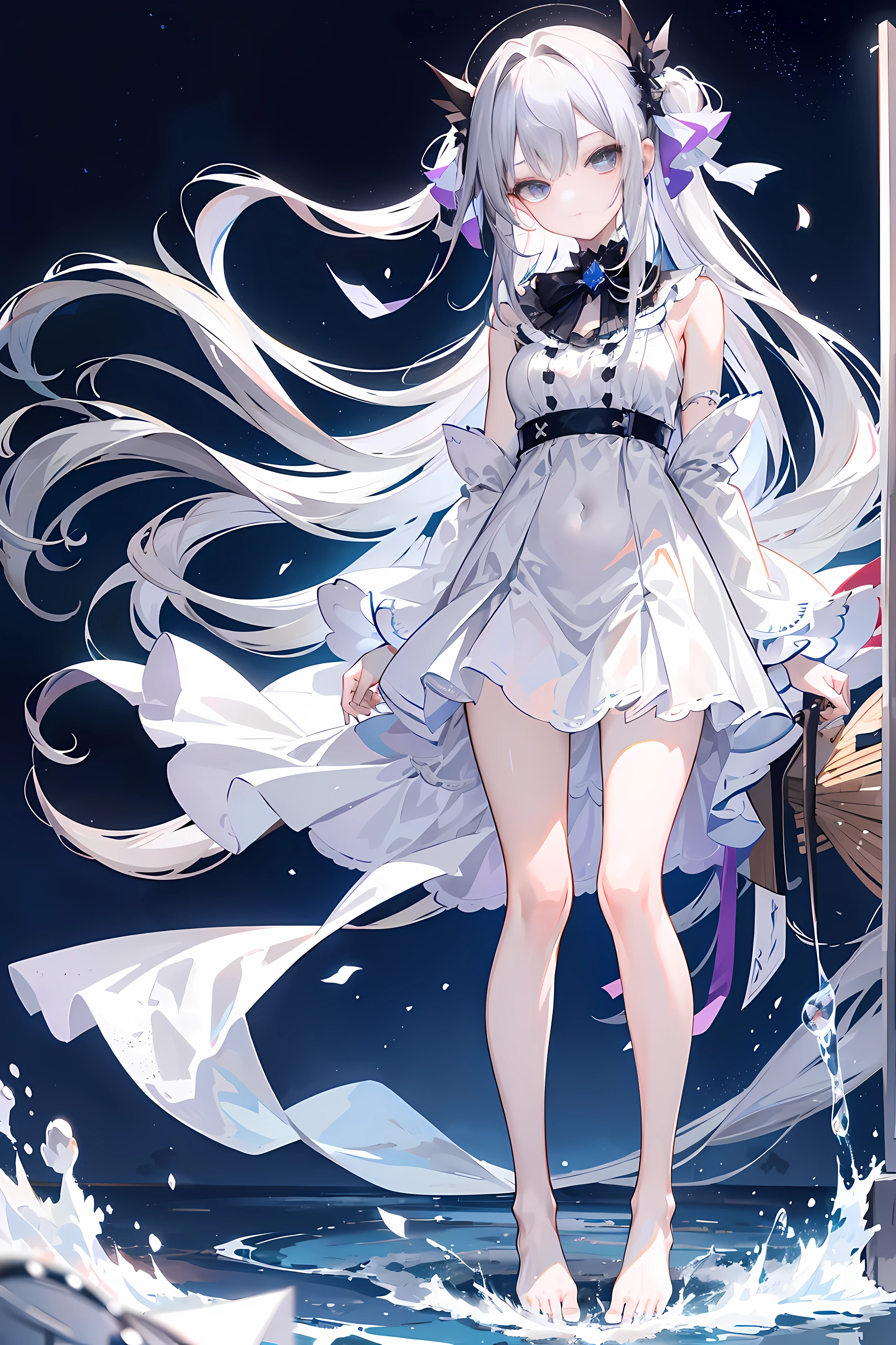 Lilac gradient hair,Asymmetrical hair,((Hair is very thick 1.8,chiseled head 1.6)), Hair over the shoulder, messy hair, Very long hair, shinny hair,(Long gray hair:1.2),A beautyful girl,(Luxury Platinum Mini Ultra Short Platinum Lolita,Made of transparent material),(Transparent clothes transparent 1.8),perfect body figure,big thin legs,slenderness,(看起来很grieves,Haggard Commonmplexion ,grieves,shut up:1.2) Against the backdrop of an unusually bright dark starry sky,(Place your hands behind your back),(Round,tuba, Common),Barefoot,afloat,waterface,(long leges,long leges,long leges,Perfect leg shape),Full body photo。