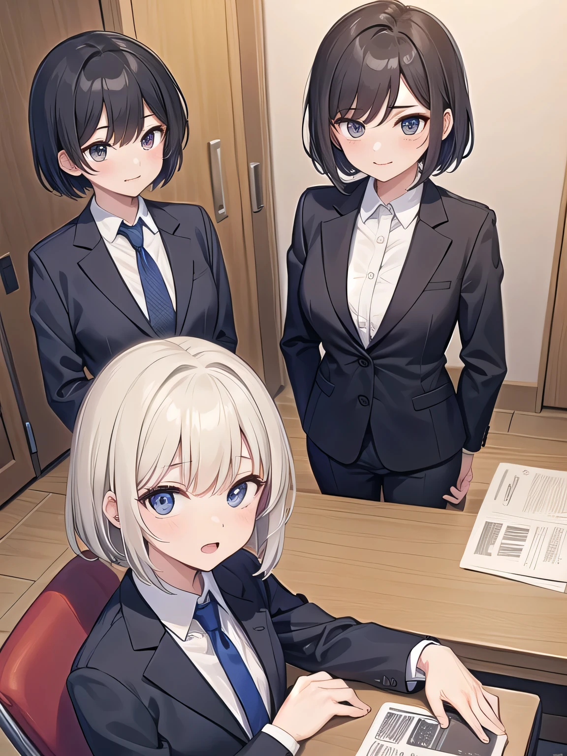 A man is surrounded by three office ladies.。One of the three women is a male senior.、One is a male colleague、One is a male junior.。The man is wearing a suit and looks nervous..。The location is the office。