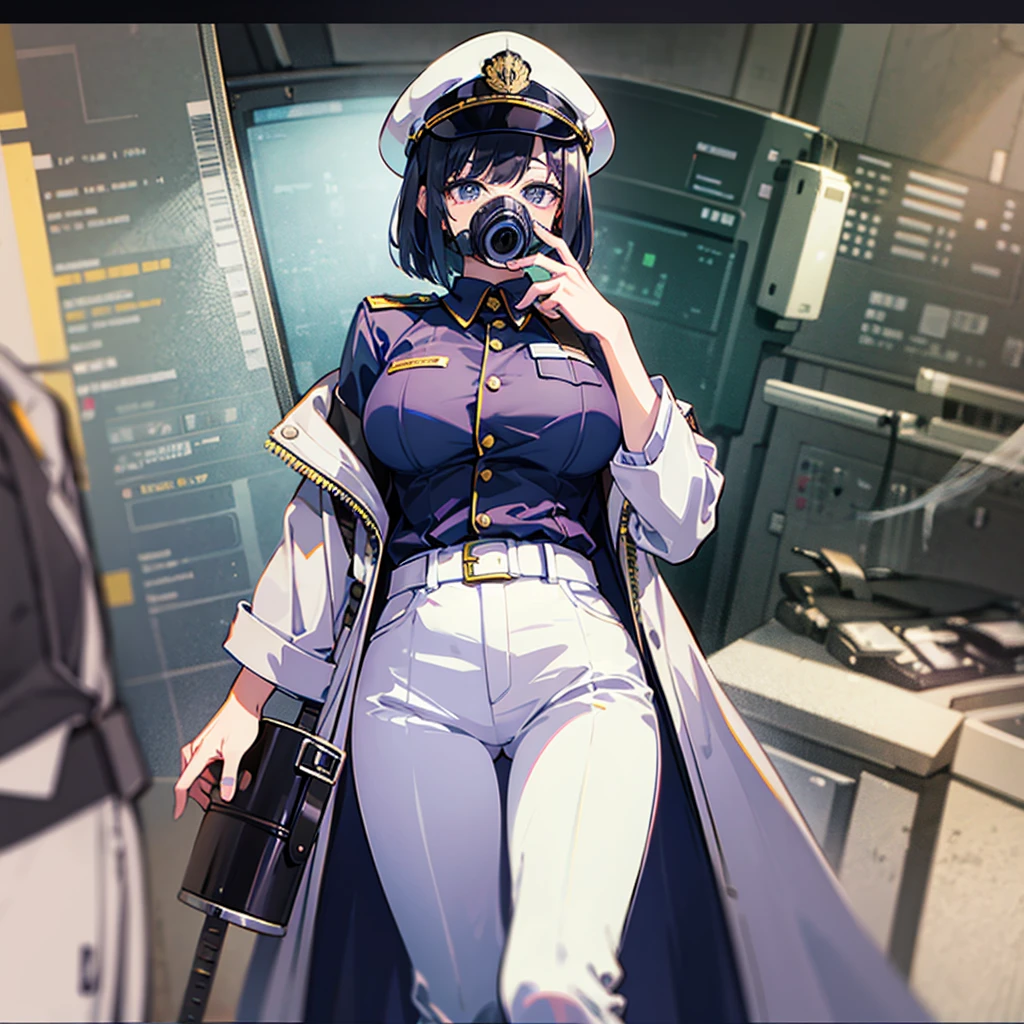 (((masterpiece、Top image quality、top-quality、highly detailed unity 8kwall-paper)))、(Illustration of one woman)、30-years old、(Viceroy)、((Black hair bob cut))、(((Gas mask covering the mouth)))、(((Gas mask covering the mouth)))、Gray eyes、((Tall))、((huge tit))、((Military uniforms))、((Military Cap))、((Military coat))、(white clothes)、(White pants)、(White cap)、trench coat、(((Inside the spacecraft、Inside the bridge、The Universe on the Monitor)))