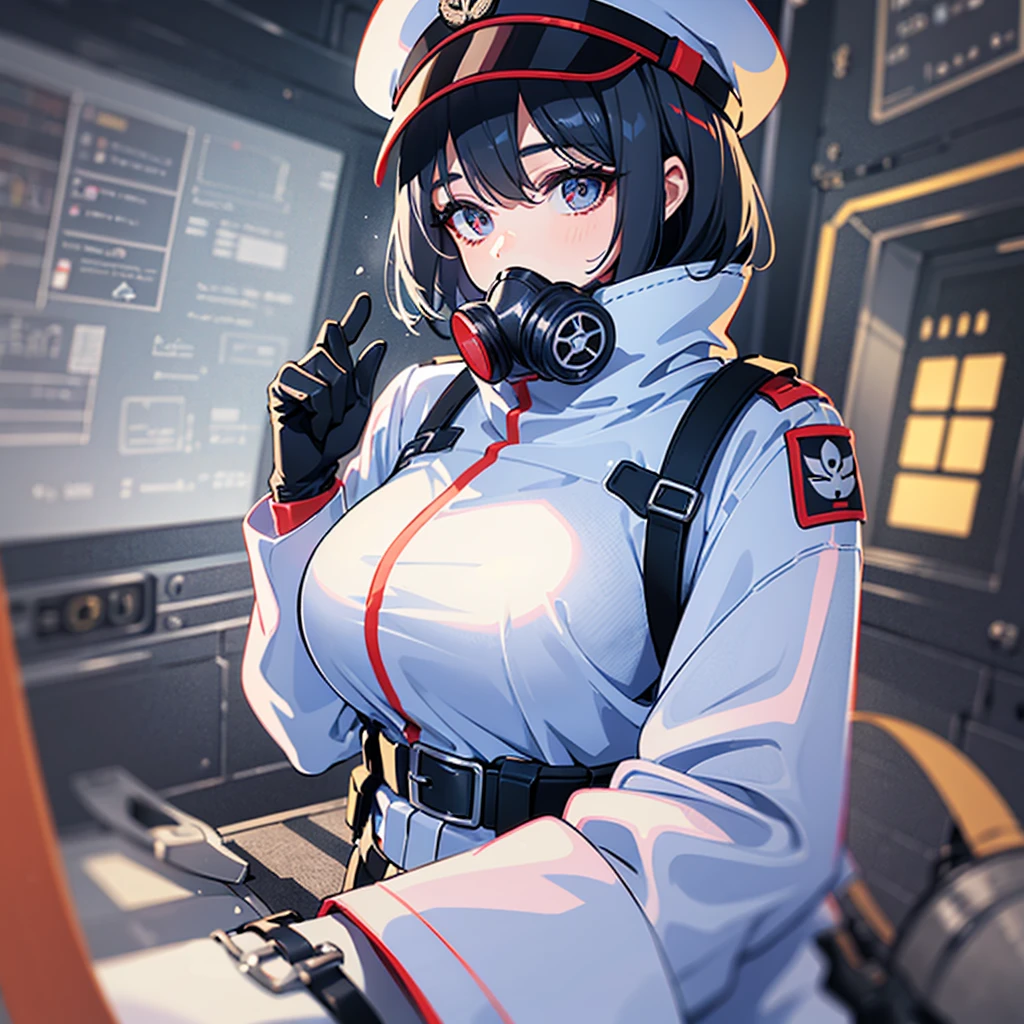 (((masterpiece、Top image quality、top-quality、highly detailed unity 8kwall-paper)))、(Illustration of one woman)、30-years old、(Viceroy)、((Black hair bob cut))、(((Gas mask covering the mouth)))、(((Gas mask covering the mouth)))、Gray eyes、((Tall))、((huge tit))、((Military uniforms))、((Military Cap))、((Military coat))、(white clothes)、(White pants)、(White cap)、trench coat、(((Inside the spacecraft、Inside the bridge、The Universe on the Monitor)))
