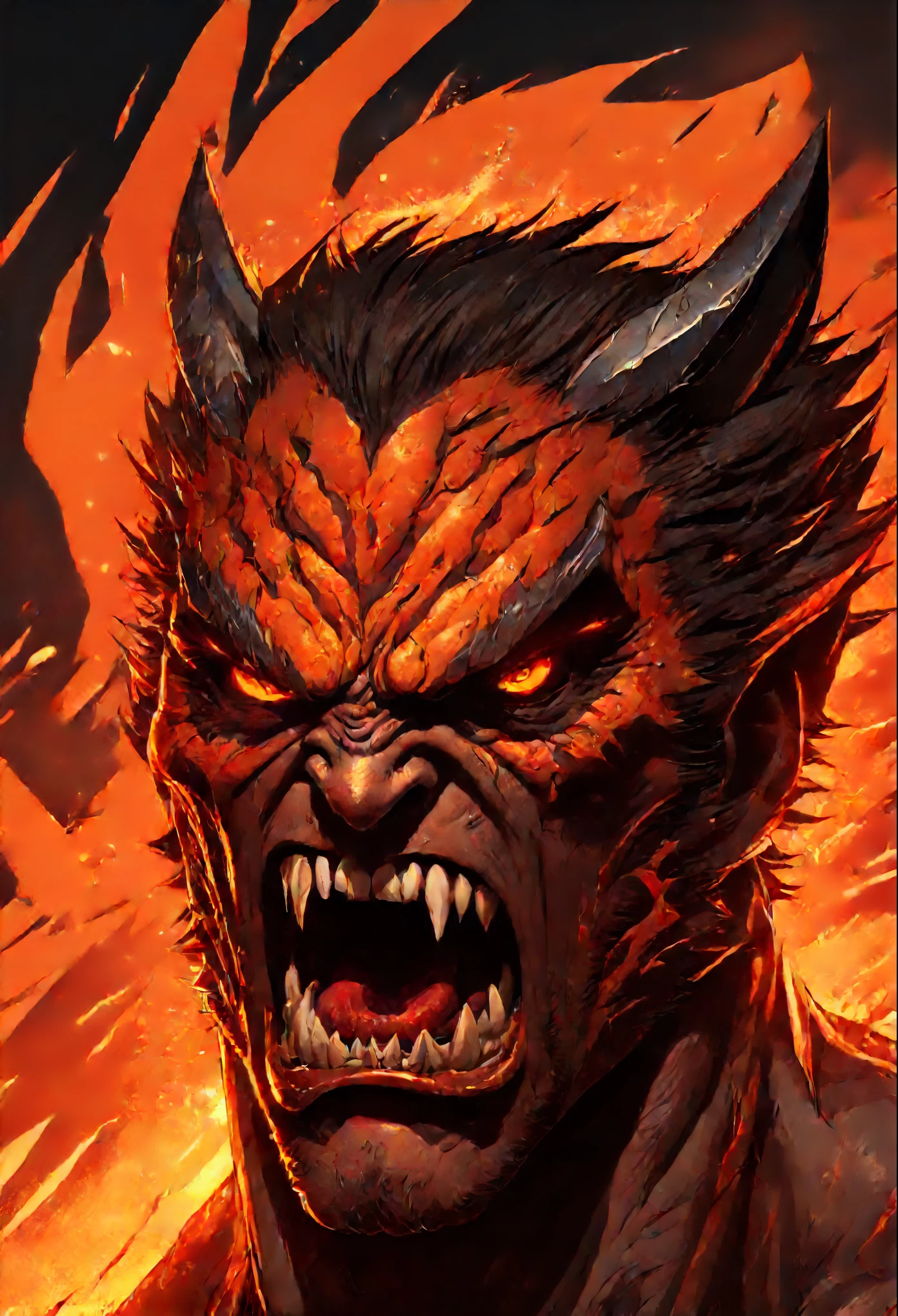 ((Close-up FACE_detailed)), COMIC-style,(best quality,4k,8k,highres,masterpiece:1.2),ultra-detailed,(realistic,photorealistic,photo-realistic:1.37),A warrior consumed by anger transforming into a beast with fangs of rage at sunset,messo tint art style,dark colors,harsh shadows,imposing figure,ripped clothing,savage expressions,fierce eyes,rage-filled face,sharp and menacing fangs,intense transformation,ominous atmosphere,stormy sky with fiery orange and red glitter hues,haunting silhouette of trees in the background,intense sunlight casting long dramatic shadows,dynamic and energetic brushstrokes,high contrast,explosive energy of anger and fury,captivating and unsettling composition.