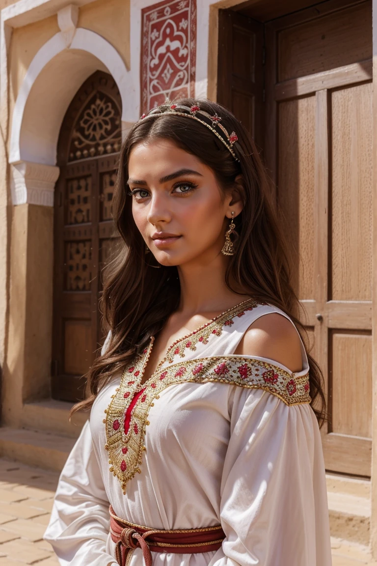 Instagram-Models posieren in Fes, in traditional clothes, full entire body, beautiful detailed eyes, beautifully detailed lips, extremely detailed eyes and face, kurzes, welliges rosa Haar ((best qulaity)), ((Meisterwerk)), (detailliert), perfektes Gesicht, full entire body