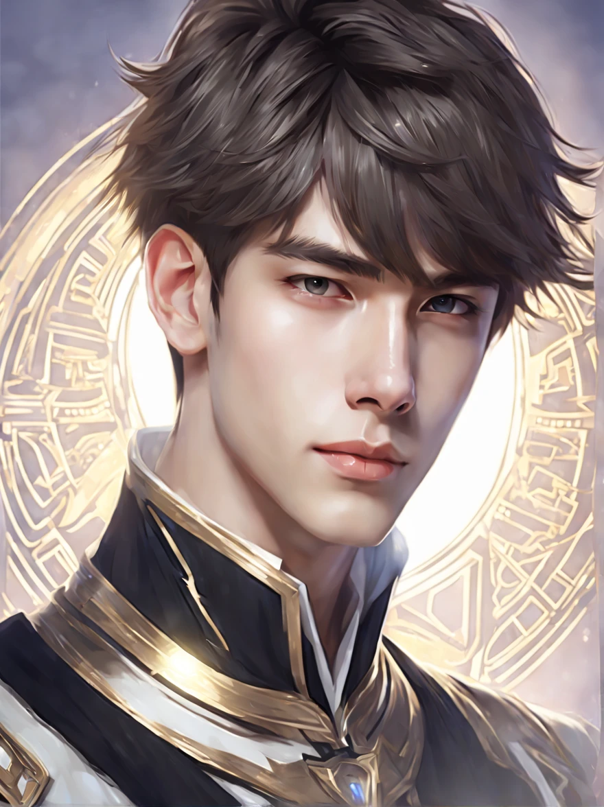 Rotated, (((Handsome young man))), looking straight at camera, Modern Fantasy, Idol style, face of a man about 16 years old, diagonal bangs, Complex light, there is a place for an inscription