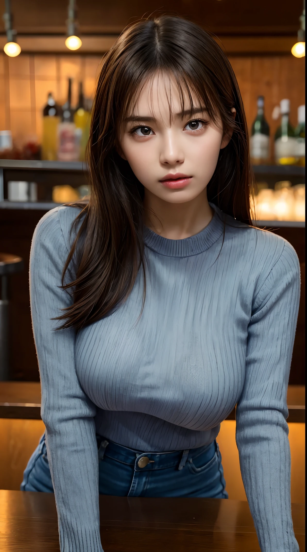 8k, best quality, realistic photos, realistic details, clear face, delicate facial features, real skin shine, a cute girl, shy, facing the camera, girl sitting in a bar in a gray fishnet sweater and tight denim, clear bar background, sea view, arms on bar counter, hips, slim body, big breasts, 24 years old, charming, seductive eyes