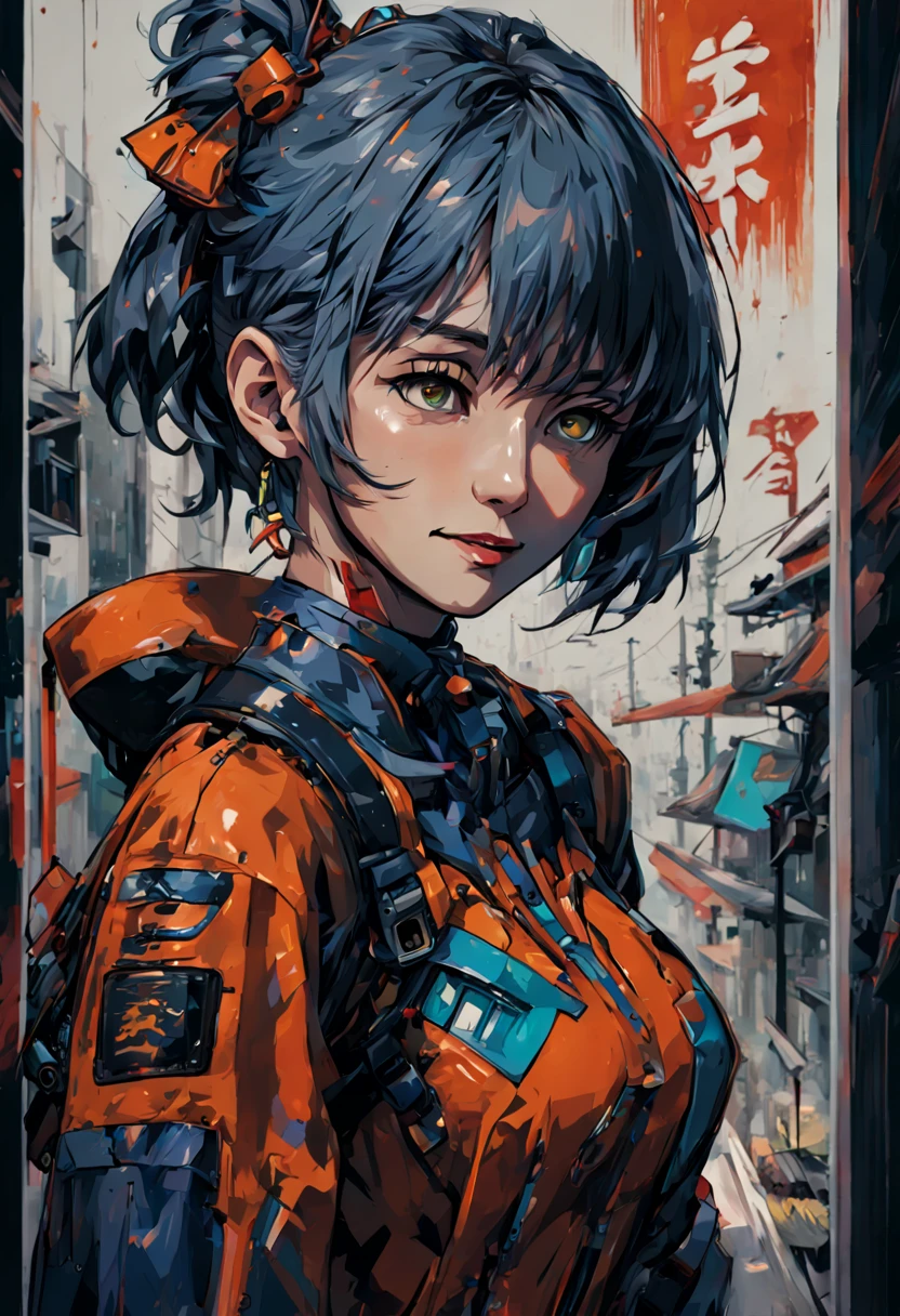 Masterpiece portrait of the smiling Rei Ayanami (Evangelion), Evangelion (Hideaki), caustics, high-resolution illustration, Rote Augen, Weiblich, no pupils, blaues Haar,  kurzes Haar, Japanische Schuluniform, Faulenzer, swpunk, Synthwave, paint bespritzens, Schattierte flache Illustration, Digitale Kunst, Auf ArtStation im Trend, Highly detailed, Feine Details, kompliziert, bespritzen, Outrun, Vaporware, Neonfarben