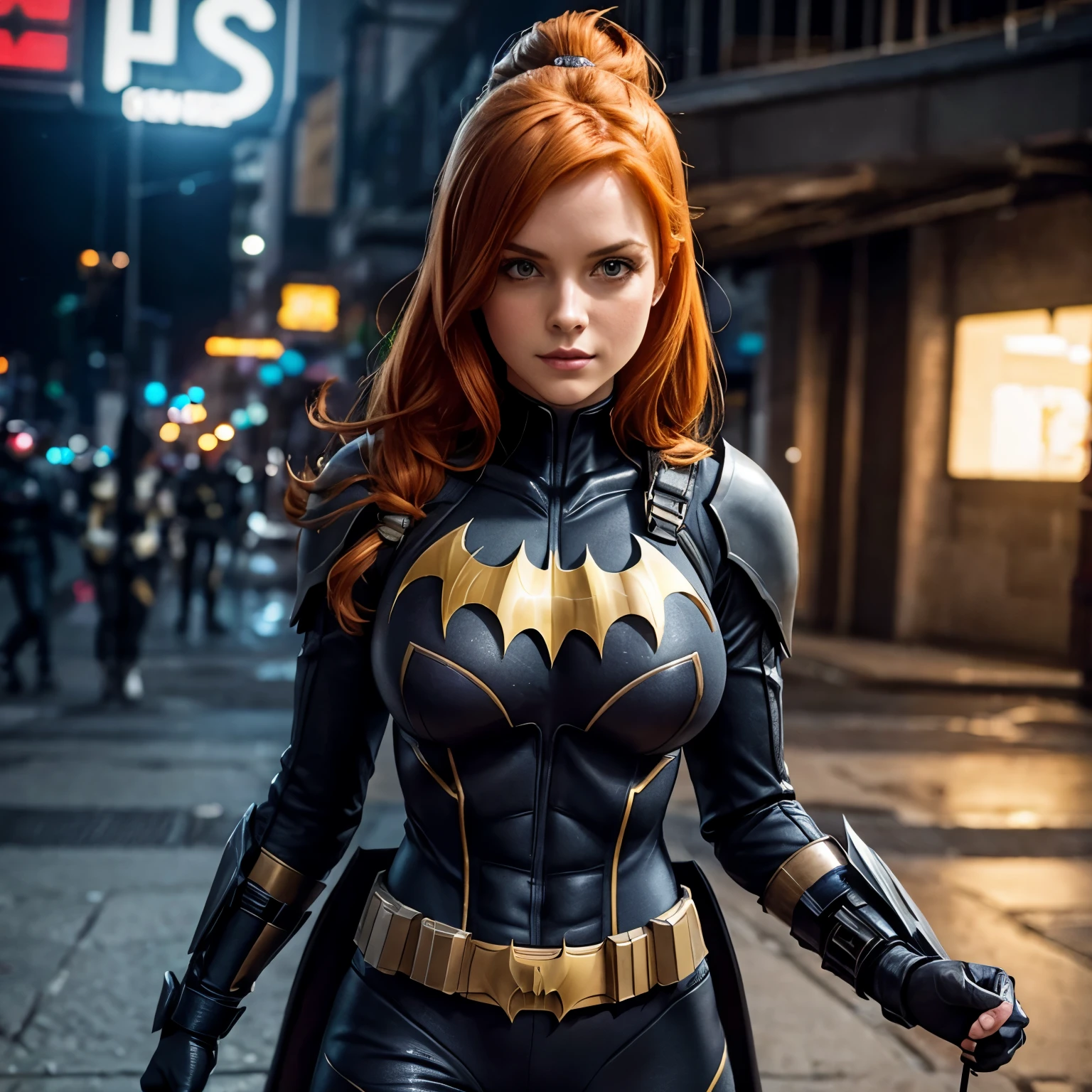 Batgirl, armored, sexy, tight clothes, bright ginger hair, cleavage skin,