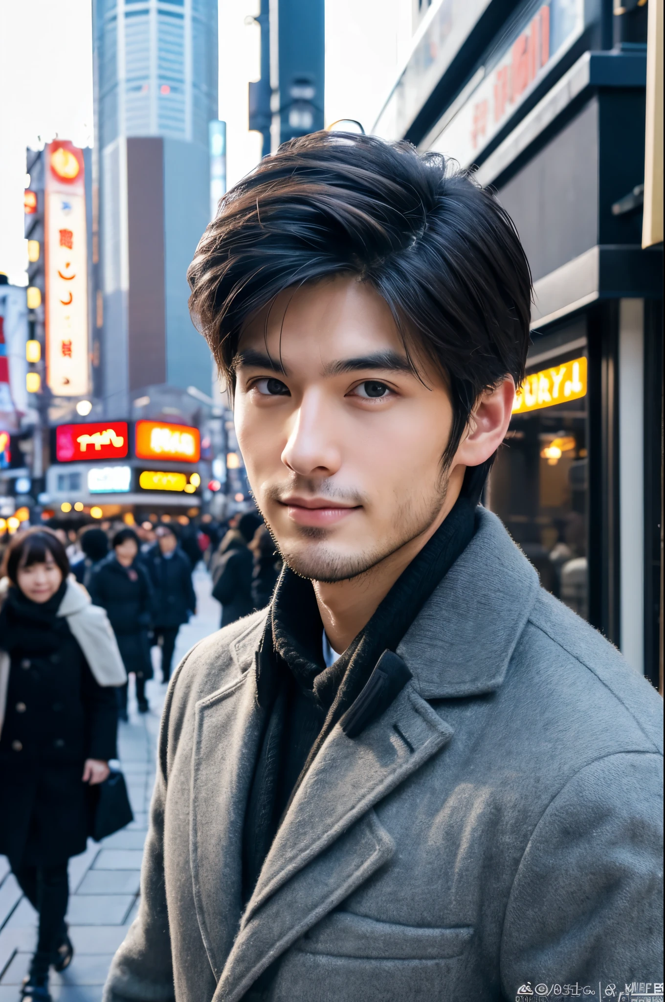 Photorealsitic, 8K full body poster, a handsome, japanes, a 25-year-old man, A charming expression, detailed face details, TOKYOcty, Winters, Shibuya in the background