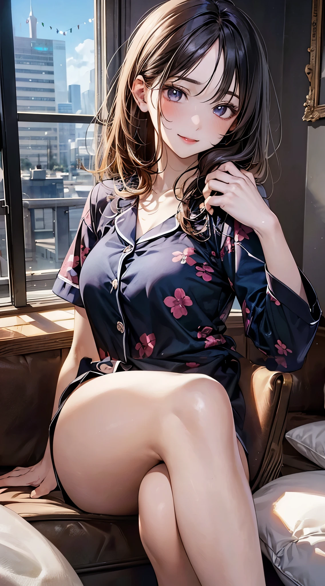 ((perfect anatomy, anatomically correct, super detailed skin)), 1 girl, japanese, , (detailed ultra-oily shiny skin:1.1), watching the view, adorable smiling,
beautiful hair, beautiful face, beautiful detailed eyes, (middle hair:1.4, messy hair:1.2), parted bangs, babyface,
beautiful clavicle, beautiful body, beautiful breasts, (large breasts:0.8), beautiful thigh, beautiful legs,
((pajamas)),
(beautiful scenery), living room, table, sitting cushion,
(8k, top-quality, masterpiece:1.2, extremely detailed), (photorealistic), beautiful art, visual art, depth of fields, cinematic lighting, ,